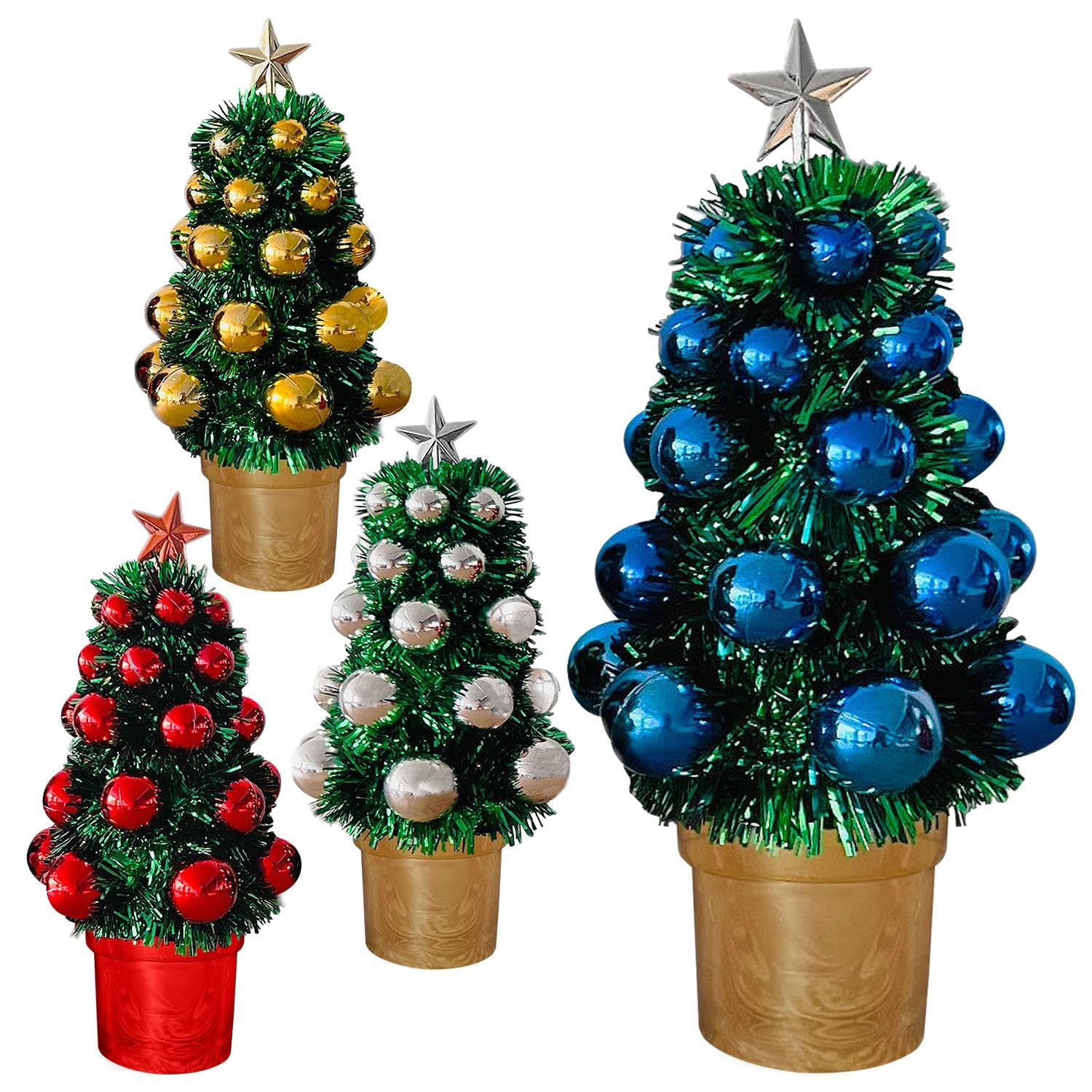 Daniel James Mini Tinsel Christmas Tree - 19.5cm Tabletop Xmas Tree with Baubles & Star Topper for Home, Office & Bedroom - Pre-Decorated Mini Christmas Tree for Windowsill – Red, Blue, Silver or Gold