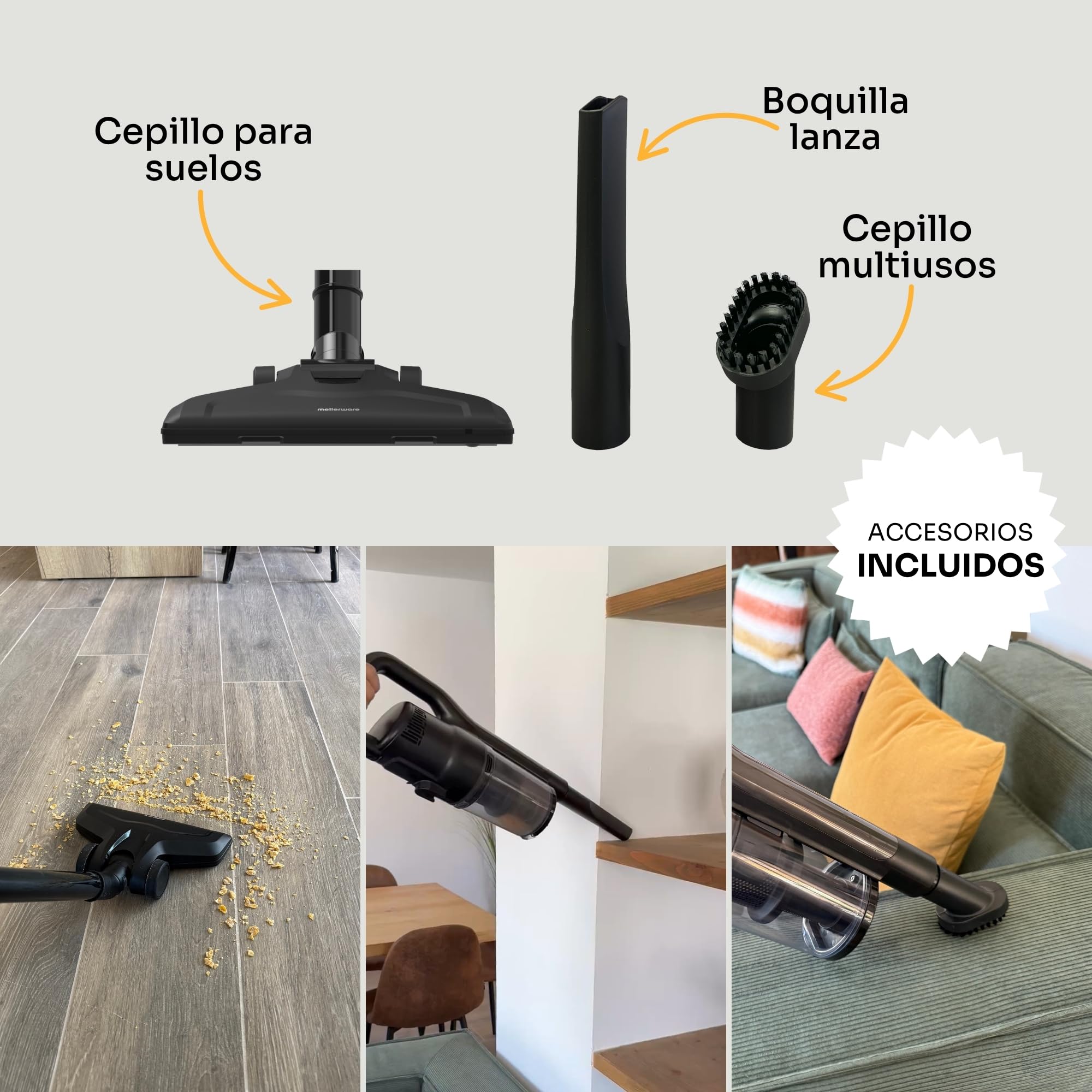 Mellerware - Aspirador Escoba Cleany 600W | Potencia de Principio a Fin | Boquilla 2 en 1 | con Cable | Elimina Polvo, Pelos y Suciedad | Ligero y Fácil de Mover