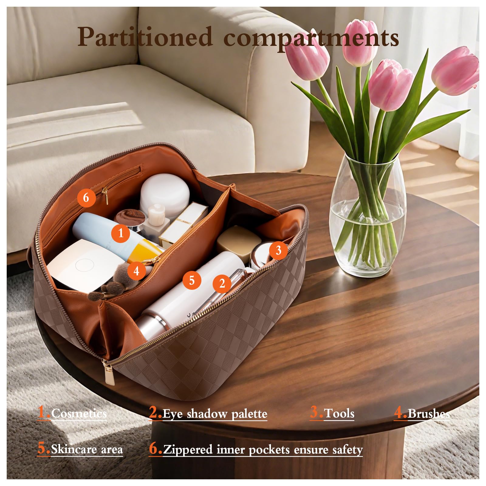Abiudeng Travel Makeup Bag, Large Capacity Waterproof Cosmetic Organizer