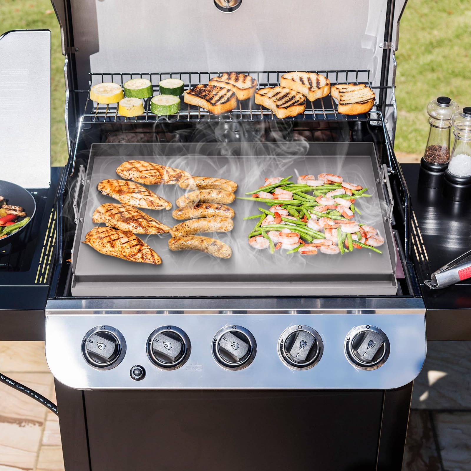 Universal BBQ Plancha Grillplatte Griddle für Weber Gasgrill und Holzkohlegrill, Grillplatten für Burger, Gasgrill und mehr, Rechteckig,63,5 x 40,6 CM Universal Grillpfanne mit Abnehmbarer Griff