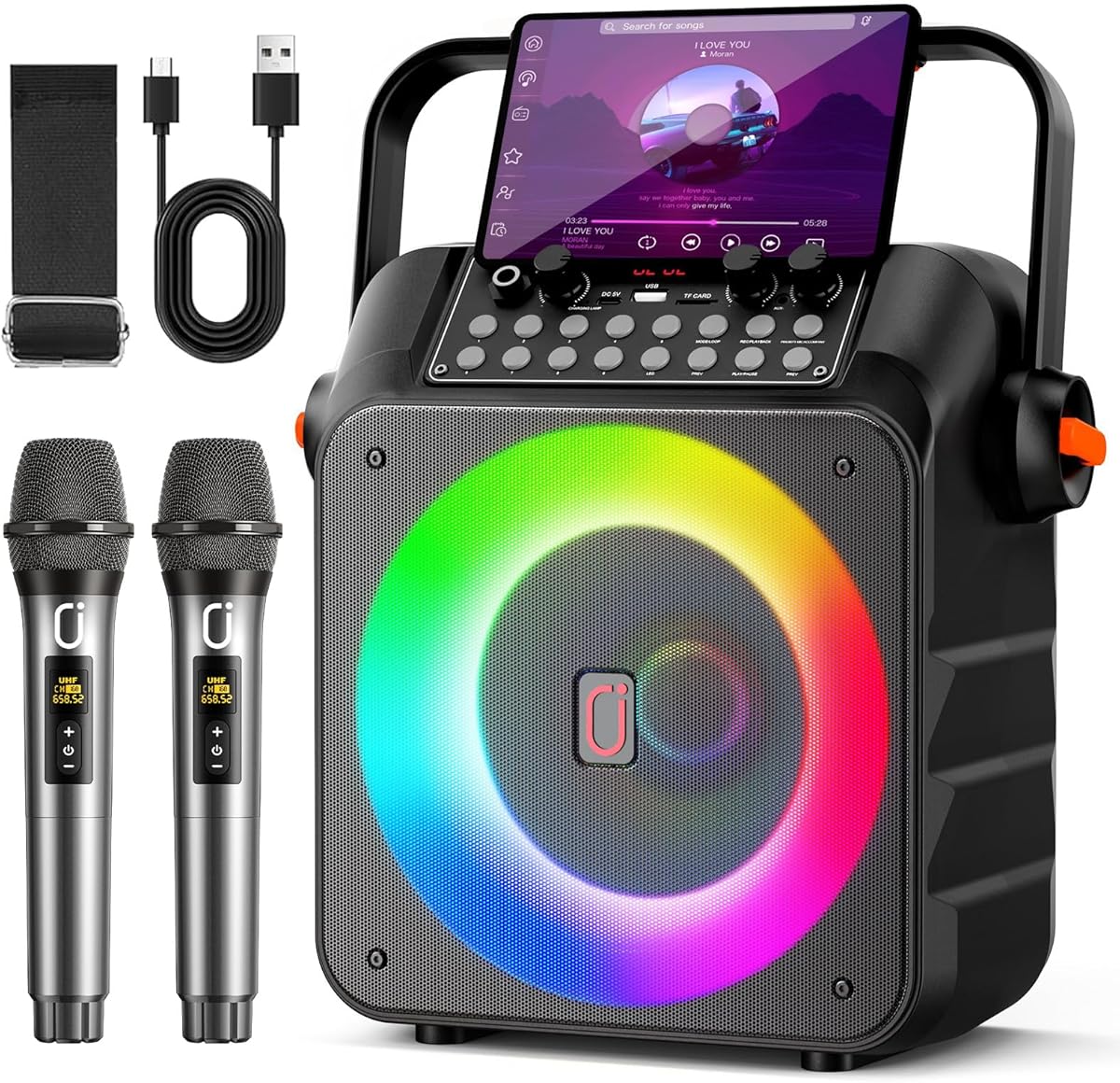 Karaoke Machine for Adults, Portable Bluetooth Karaoke Speaker with 2 Wireless Microphones, PA System with 6.5" Subwoofer, Echo Adjustment, Support REC/TF Card/USB/AUX for Home Party