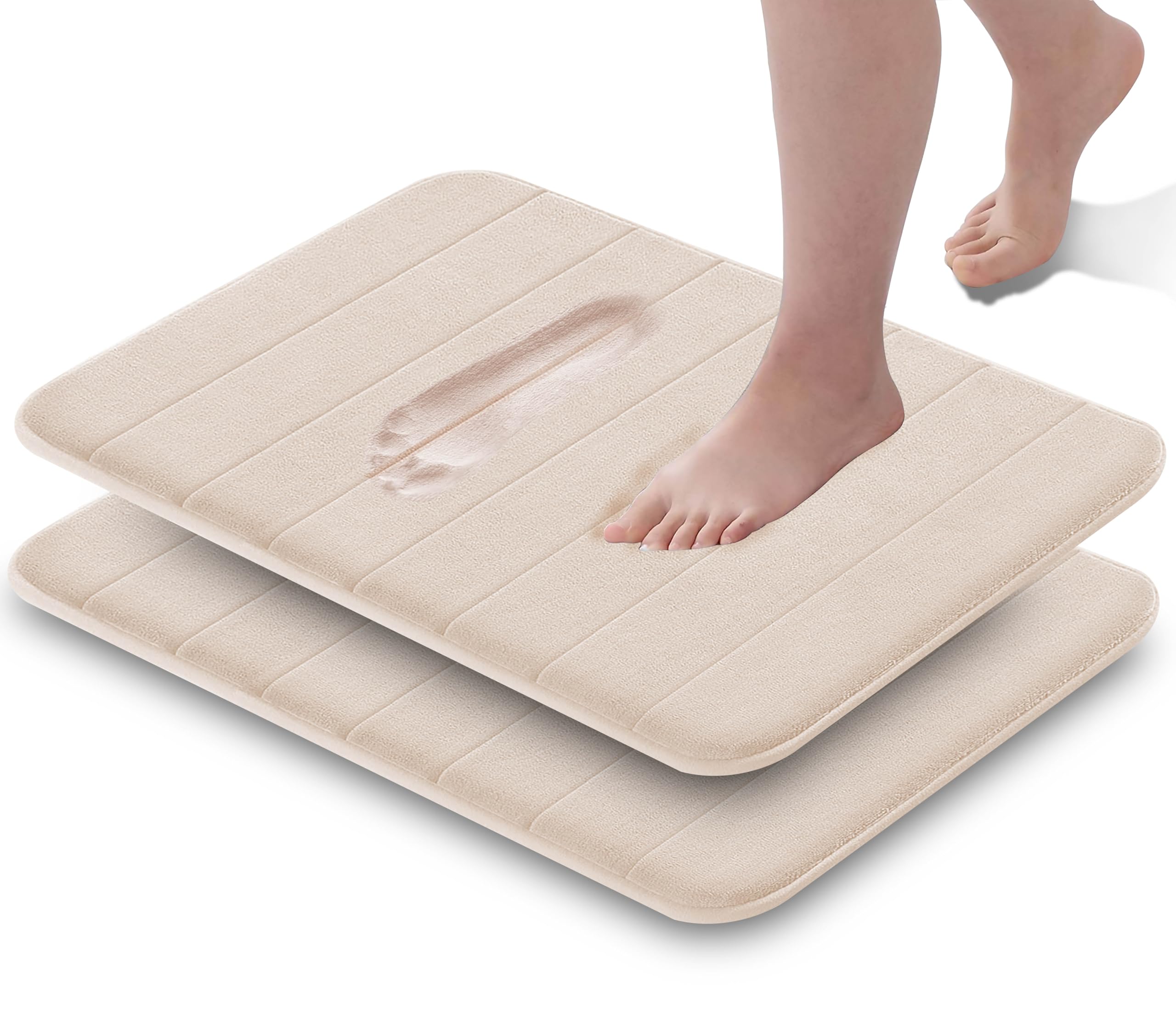 GVTECH Memory Foam Bath Mat, (2 Pack) Non-Slip Back, 40x60 cm Fleece Softness, Highly Absorbent, Bathroom Carpet, Super Soft Microfiber Bath Rug, Rectangle, Easy to clean Mat, Beige