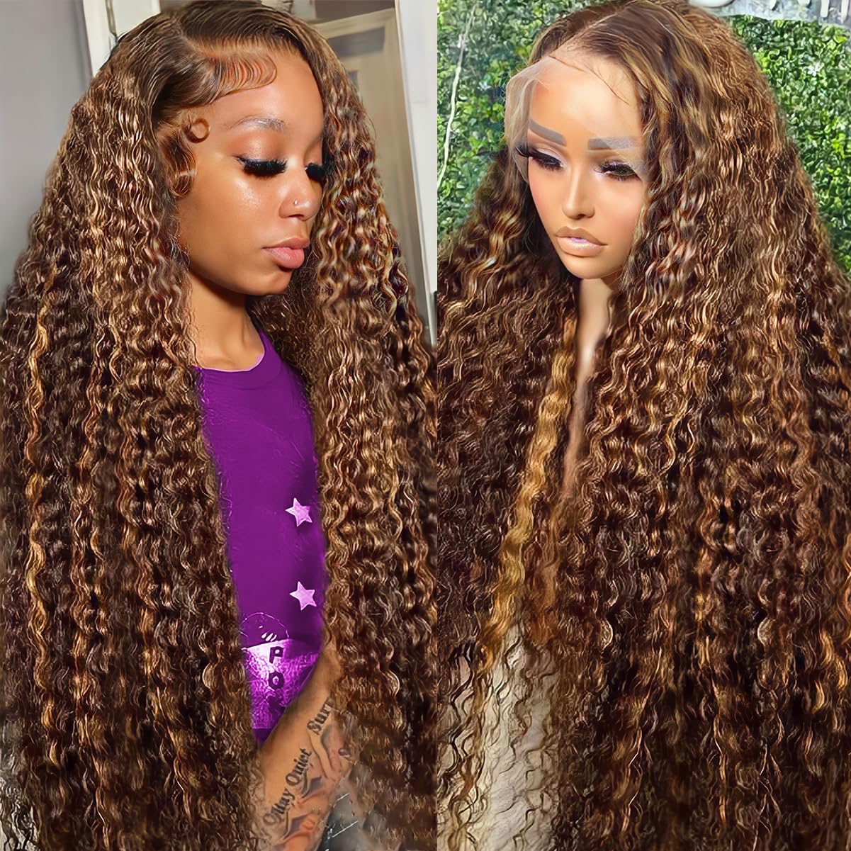 LAINSS 13x6 Highlight Deep Wave Lace Front Wigs Human Hair 210% Density Deep Curly Human Hair Wig Pre Plucked 28inch P4/27 Ombre HD Lace Frontal Wigs for Women