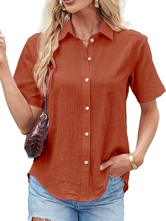 Womens Cotton Linen Button Down Shirts V Neck Short Sleeve Summer Blouses Casual Work Tops
