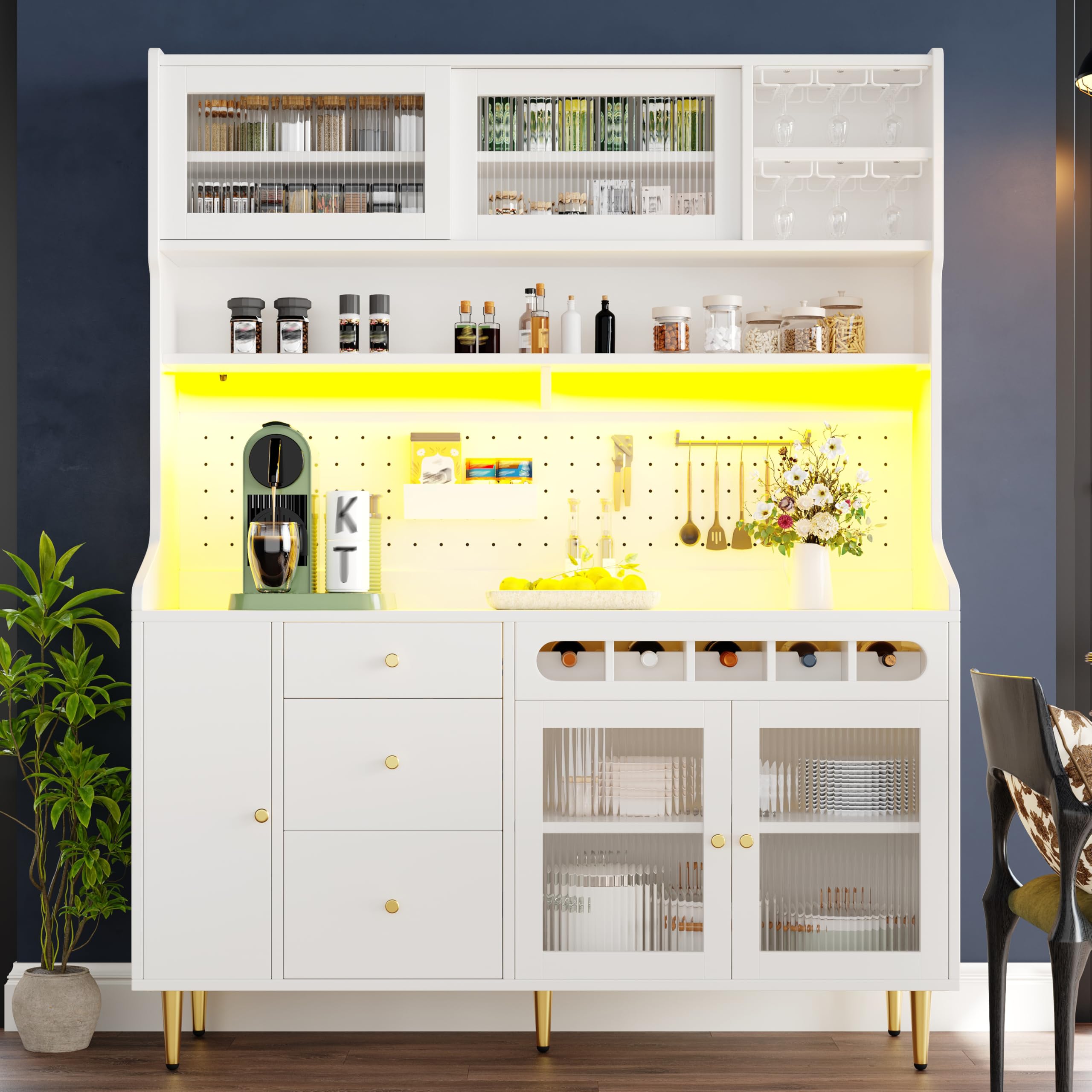 Credenza Cucina Alta con LED, Armadio Multiuso, Bianco, 145×39×171cm