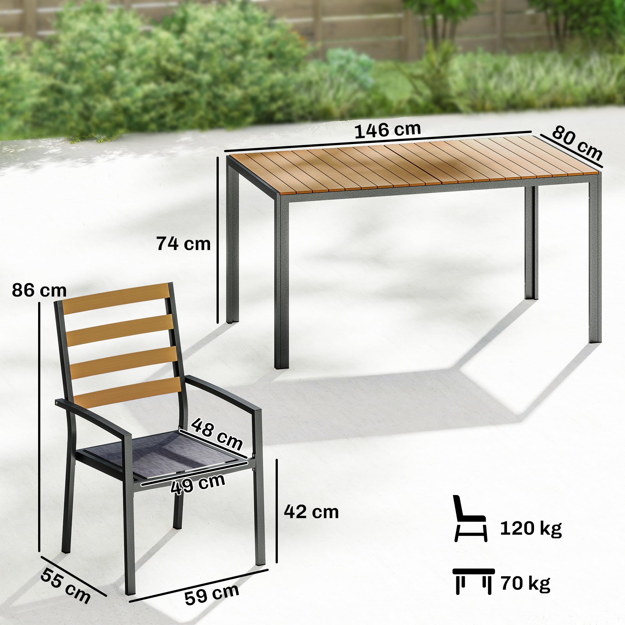 Outsunny 7 TLG. Sitzgruppe Gartenmöbel-Set, Gartengarnitur mit 1 Esstisch, 6 Stühlen, Sitzgarnitur mit Kissen, für Terrasse, Naturholz