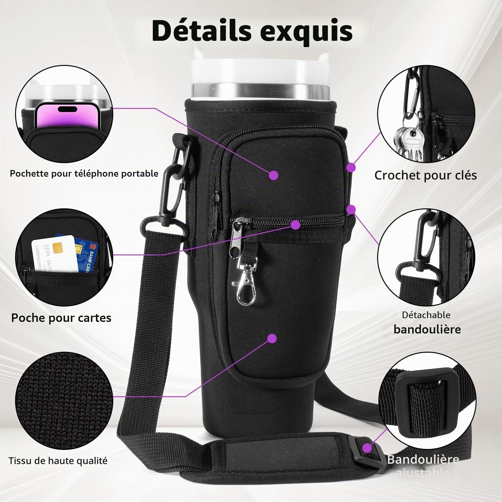 Stanley Cup Sac porte-bouteille d'eau avec sangle, accessoires paille anti-fuite et mousqueton - Noir