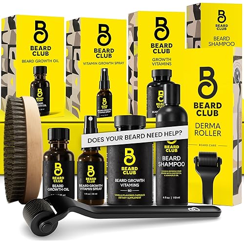 The Beard Club Advanced Beard Growth Kit - Derma Roller, Growth Oil, Vitamins and Vitamin Spray, Shampoo and Boar Bristle Brush - Gift Set - Cedar