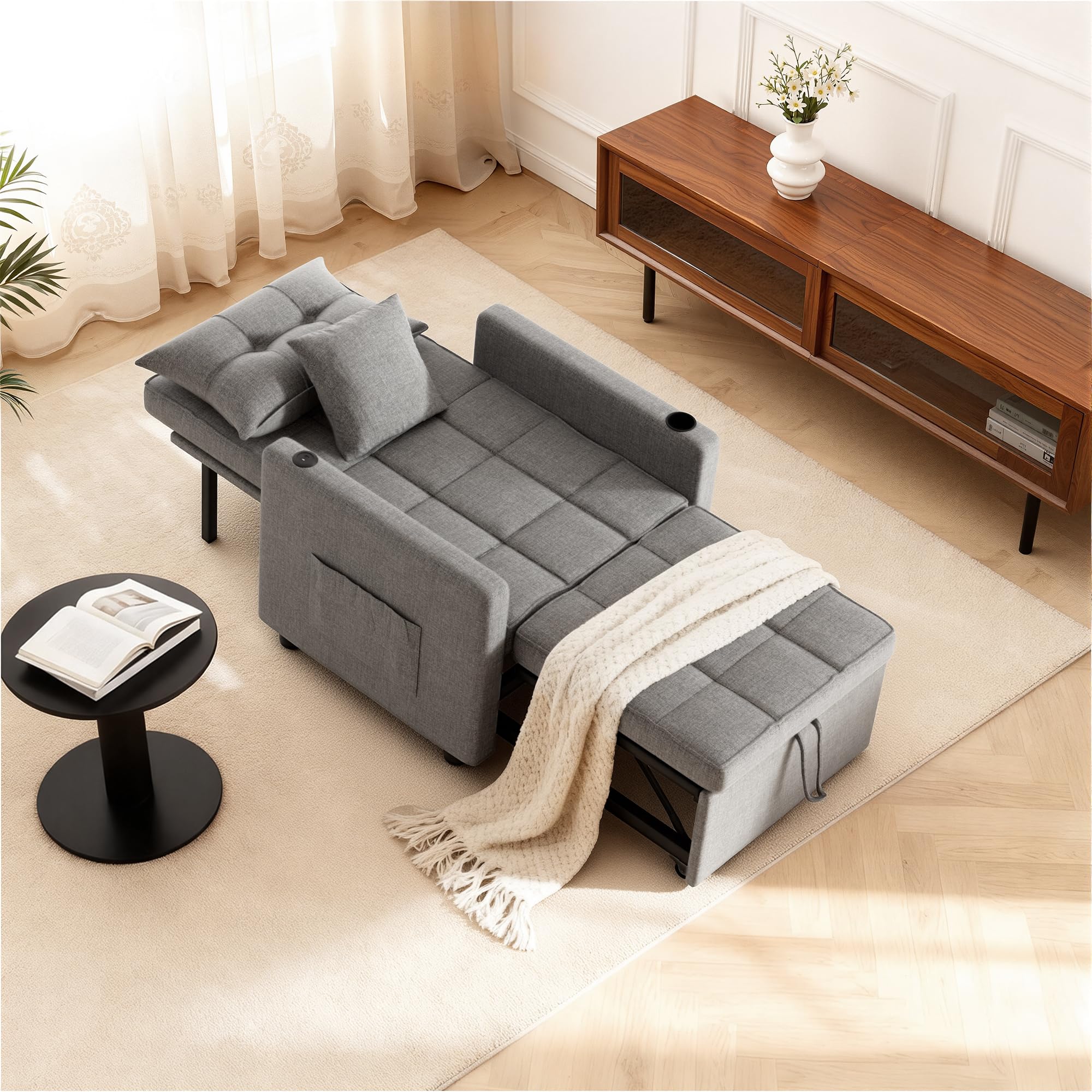BonVache 3-in-1 Schlafsessel mit Bettfunktion, 5-stufig Verstellbarer Rückenlehne, Schlafsofa mit Kissen und Seitentasche, Schlafcouch mit Getränkehalter und USB- & USB-C-Anschluss, Dunkelgrau