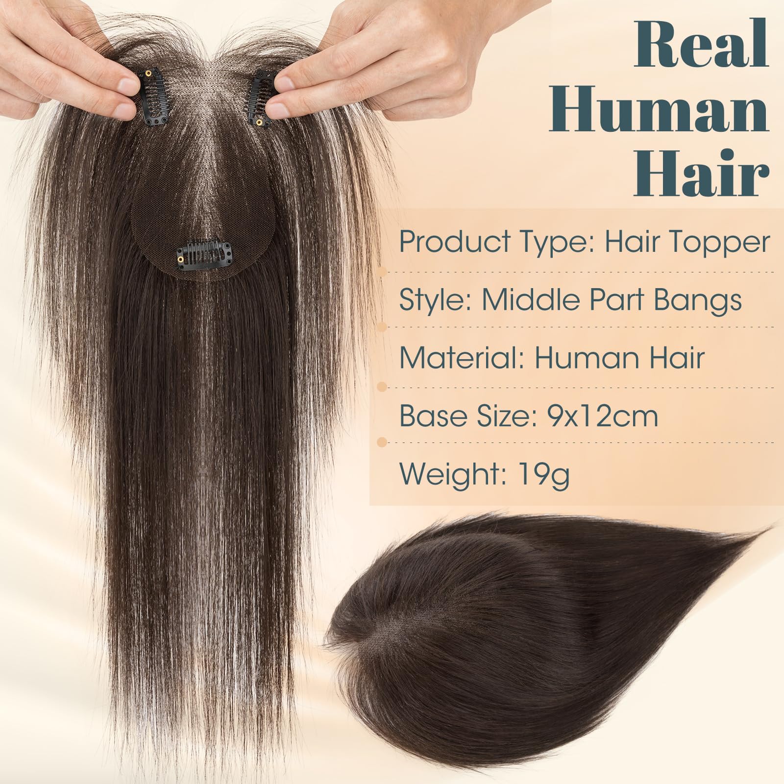 MY-LADY Topper Cabello Humano Mujer Sin flequillo Topper Cabello Clip Natural Marrón Oscuro 19g Hecho a Mano Base Encaje Ultraligera 30cm