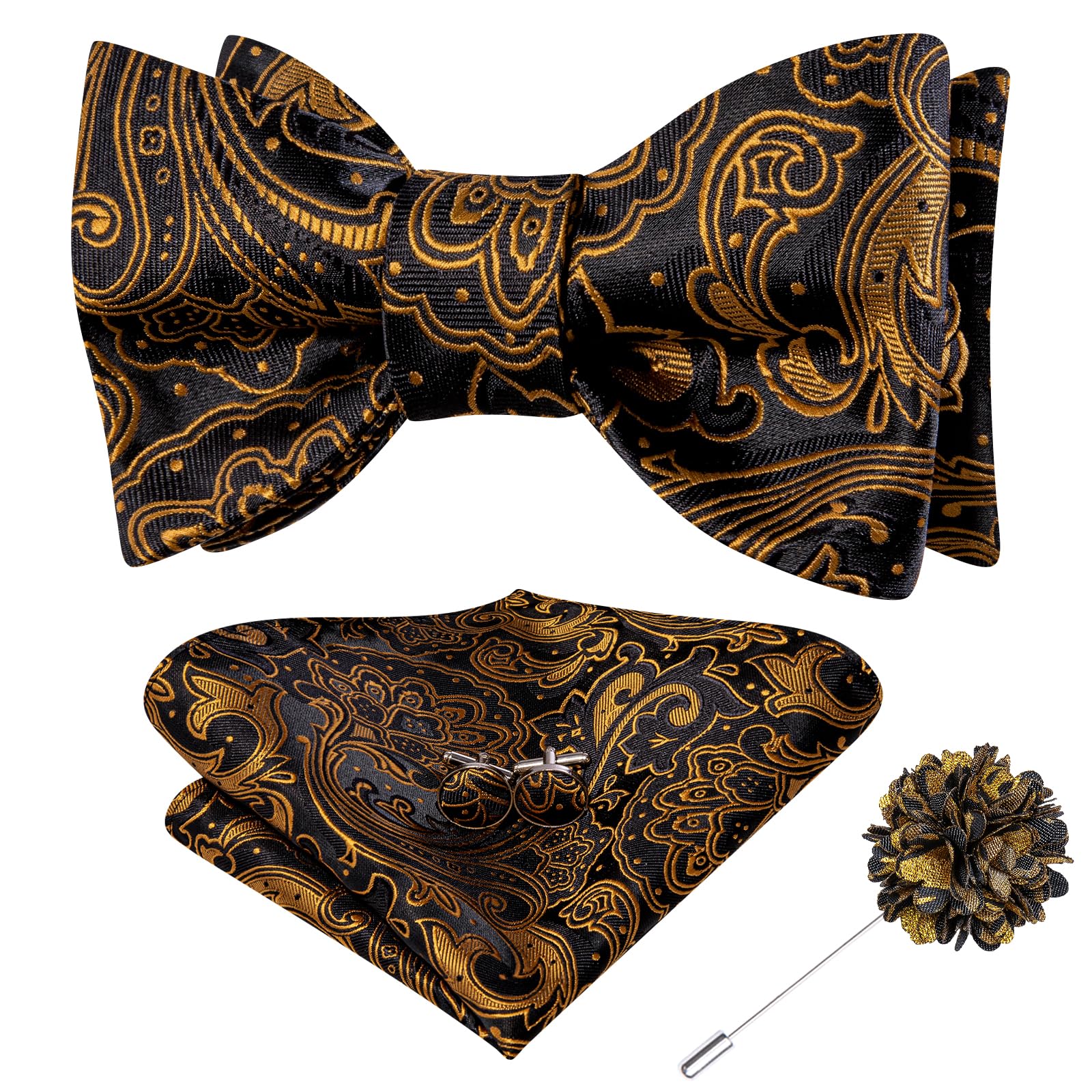 Dubulle Self Tie Bow Ties for Men Silk Paisley Bowtie Lapel Pin Set