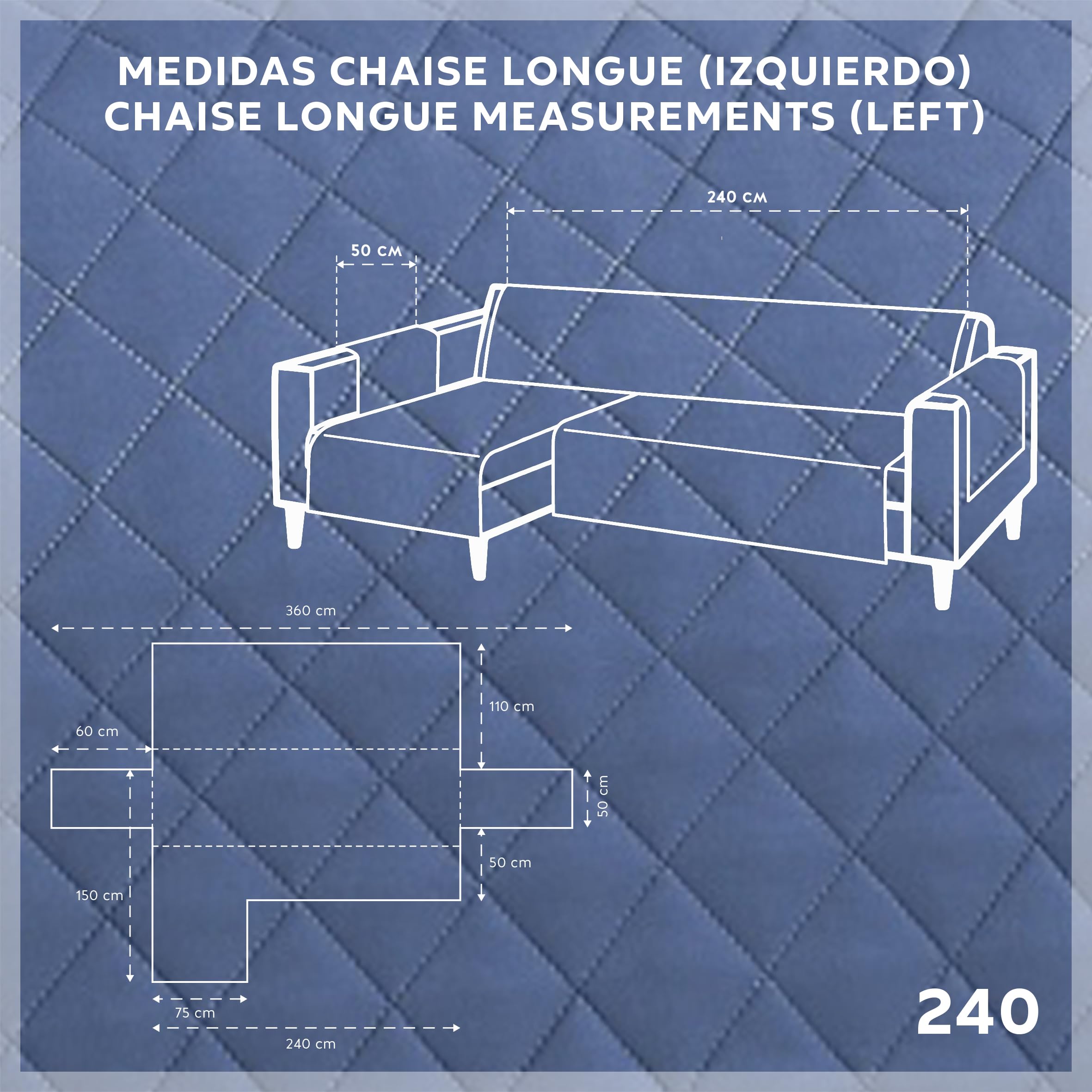 Textilhome Copridivano Chaise Longue con Penisola Malu 240cm – Salvadivano Trapuntato Universale con Bracciolo Sinistro, Protezione per Animali Domestici, Colore Blu (Visto da Davanti)