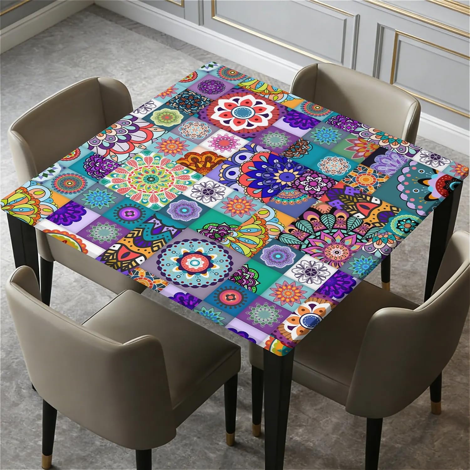 ARTSGOO Square Table Cloth Wipe Clean 36in, Waterproof Tablecloth with Elastic Edge Table Cover for Kitchen Dining Table/Party/Outdoor-Boho
