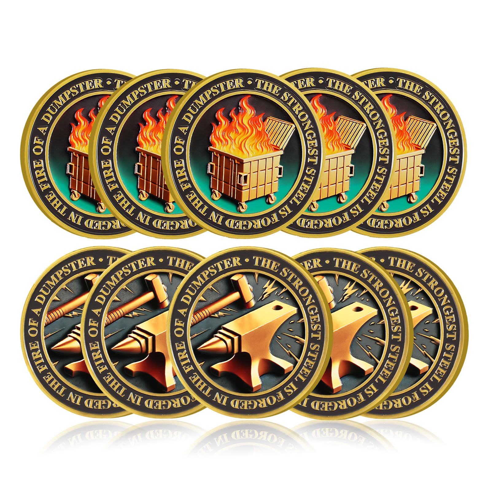 10pcs Gradient Color Dumpster Fire Coin, Strongest Steel Dumpster Fire Challenge Coin, Funny Office Desk Accessories