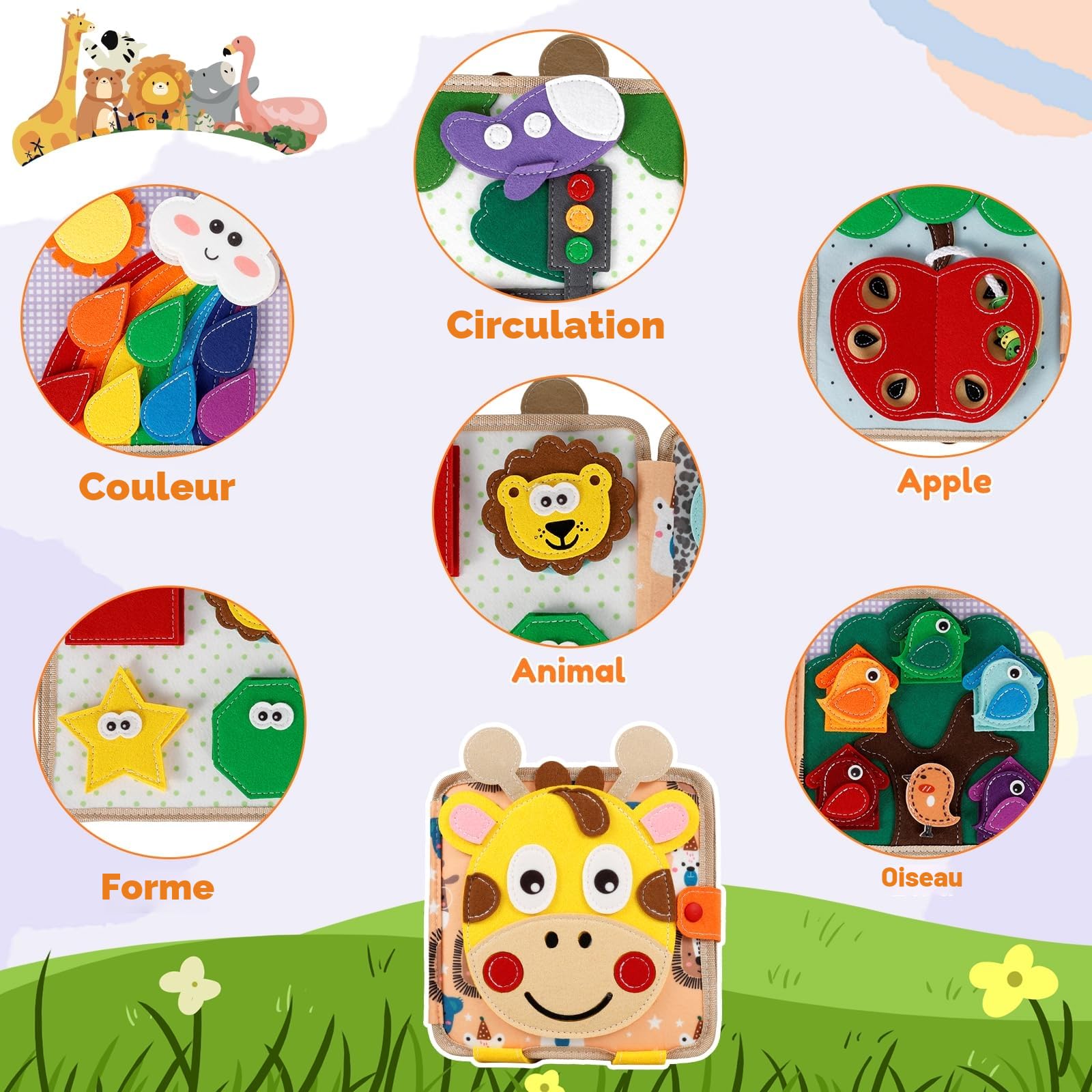 Planche d'activité Montessori en feutre souple - Jouet sensoriel pour bébé Activités dès 1 an