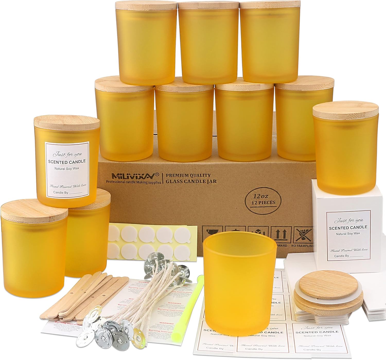 MILIVIXAY 12 Pack 12 OZ Matte Yellow Glass Candle Jars with Lids and Candle Making