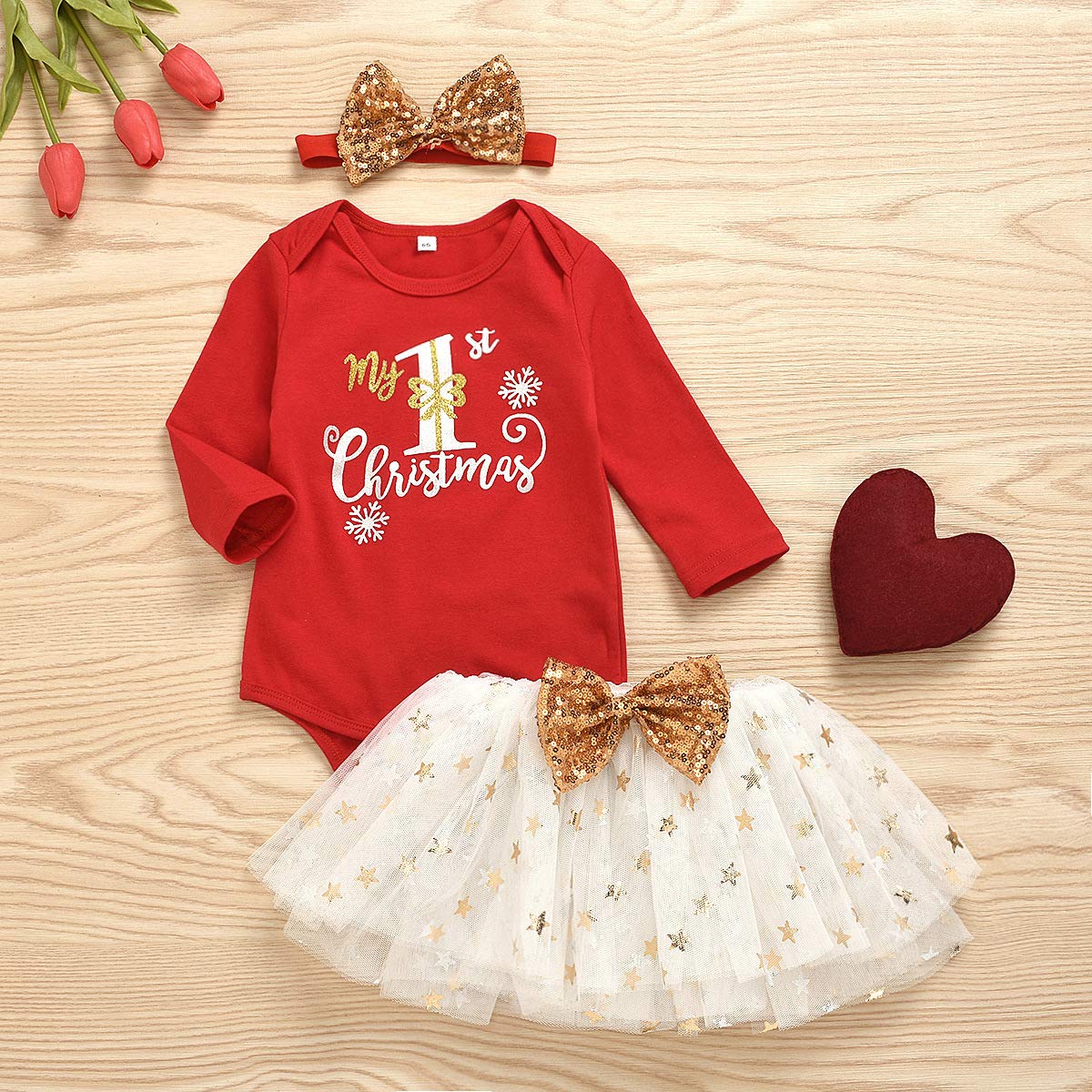 Verve Jelly Neugeborenes Baby Mädchen Weihnachtsoutfits My 1st Christmas Strampler + Tutu Rock + Stirnband 3Pcs Herbst Winter Outfits Xmas