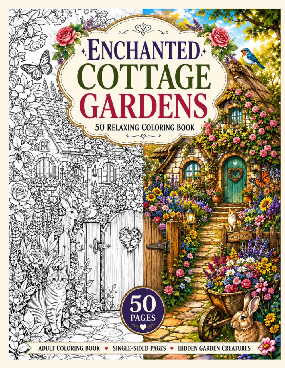 Enchanted Cottage Gardens 50 Relaxing Coloring Book for Adults: : A Whimsical Journey Through Blooming Flowers, Charming Cottages, and Secret Garden Paths
