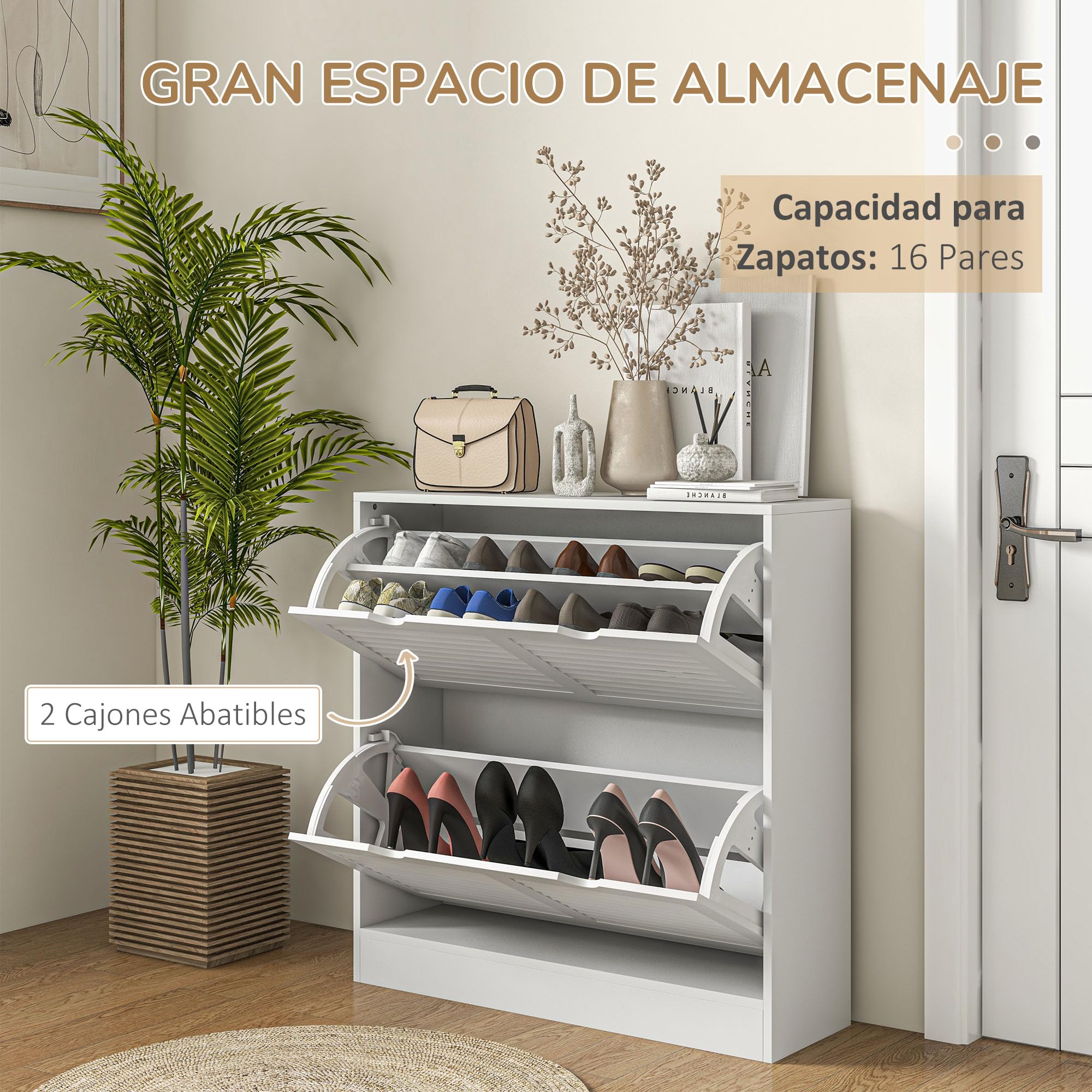 HOMCOM Zapatero Moderno de Entrada Recibidor con 2 Cajones Abatibles y Estantes Regulables para 16 Pares de Zapatos Zapatero Estrecho para Pasillo 81,5x25x83 cm Blanco