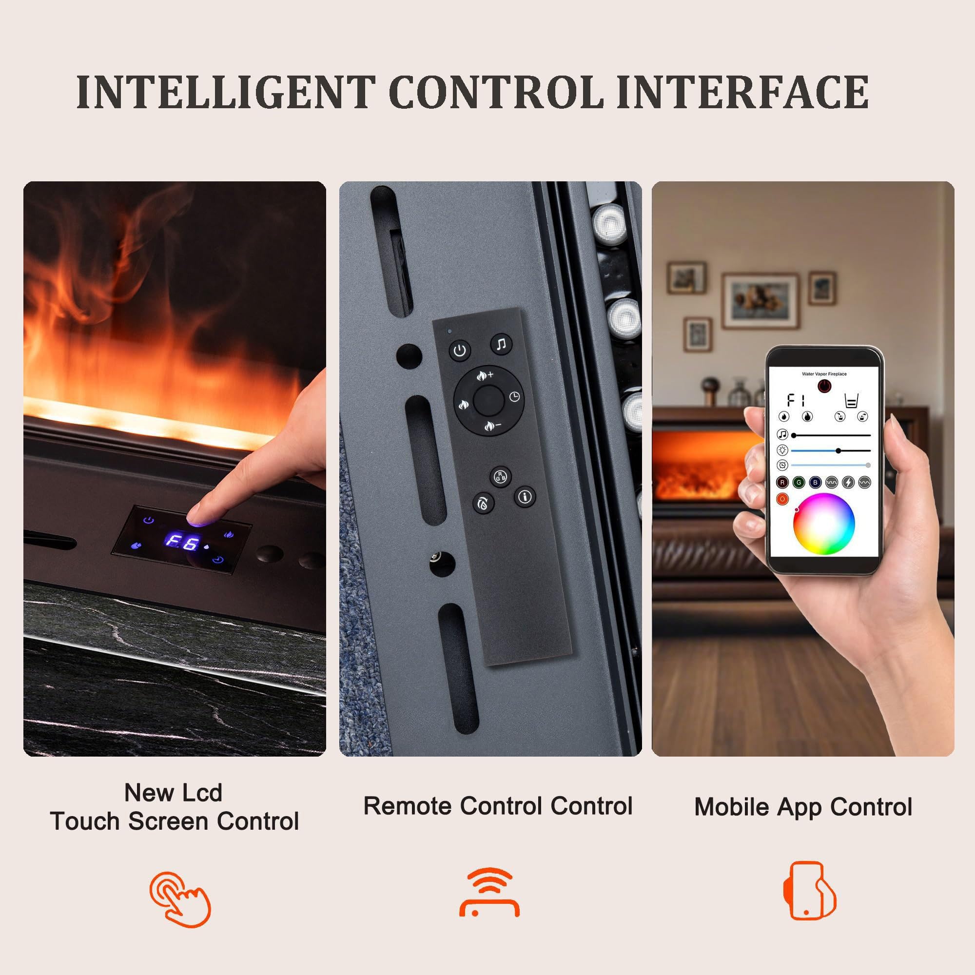 Camino elettrico con fiamma atomizzata realistica, app intelligente/telecomando/controllo touch, funzione umidificatore per arredamento moderno