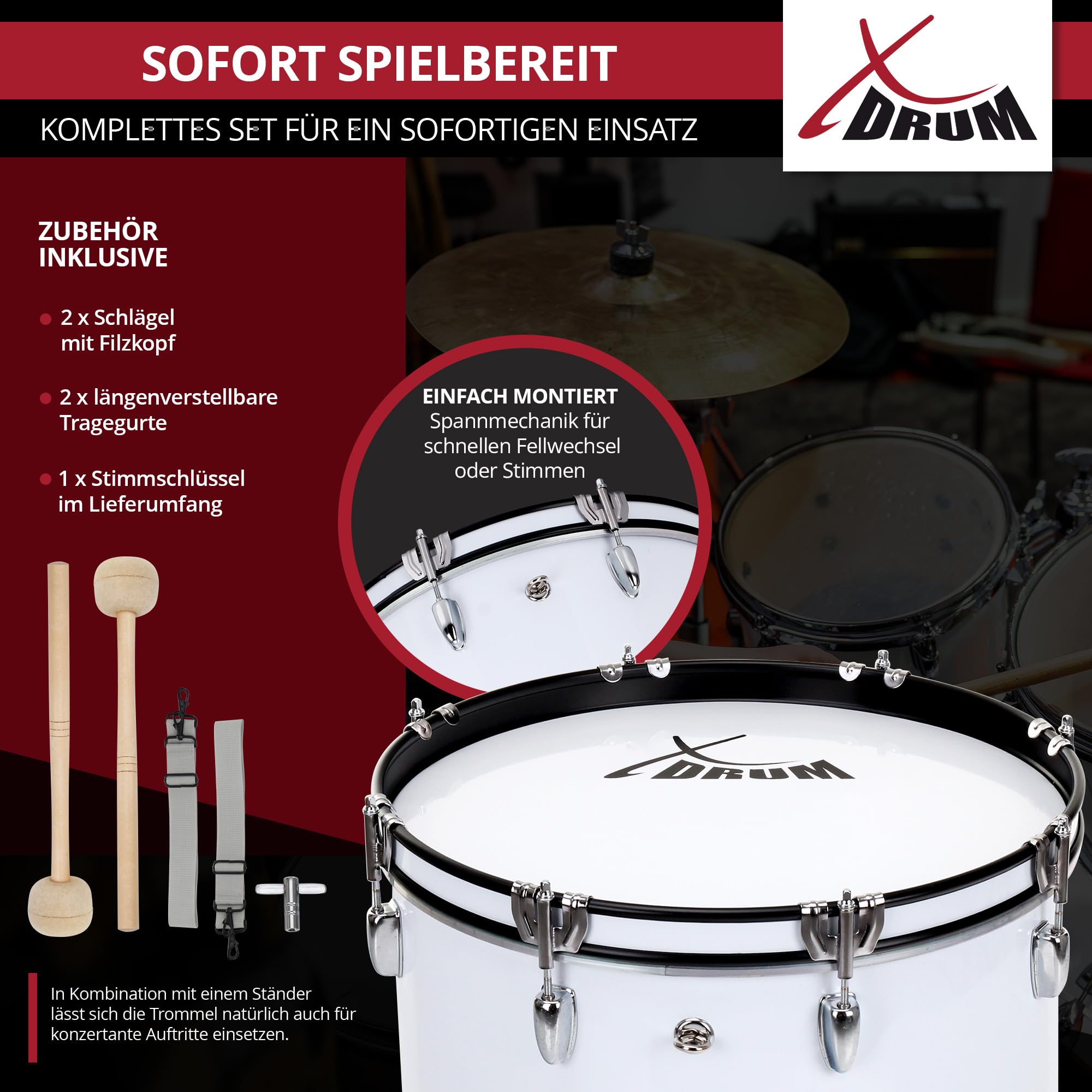 XDrum MBD-224 Cassa da Marcia 24" x 12" - grande cassa da marcia - 8,5 kg - 4 occhielli di fissaggio - 8 viti di tensione per lato - incl. mazzuoli, tracolle e chiave di accordatura - bianco