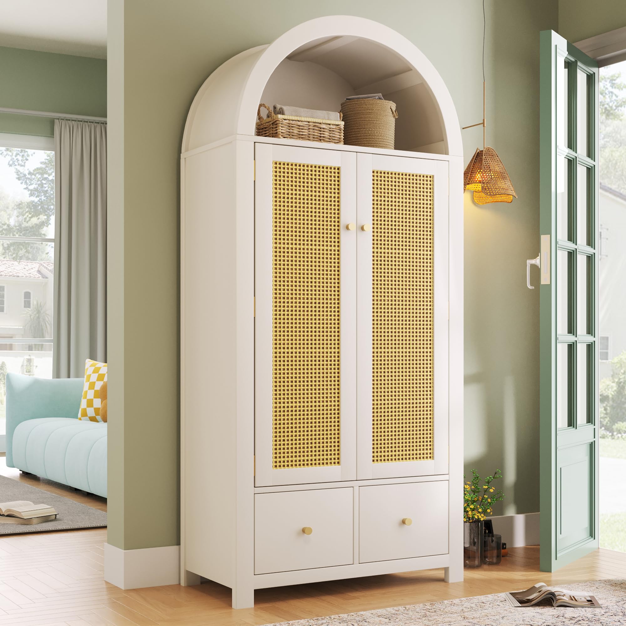 Armadio 181 x 78 x 45 cm con intreccio in rattan, stile rustico, bianco, ripiano semicircolare aperto, 2 ante con chiusura magnetica, 2 cassetti, asta appendiabiti e protezione