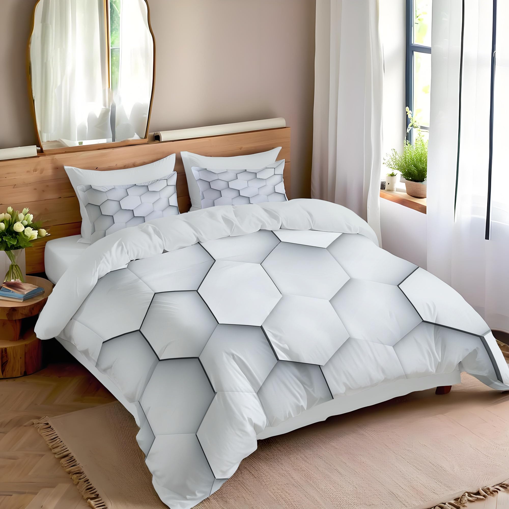 Juego de Funda Nórdica 150x220cm 3 Piezas para Cama, Blanco Hexágono Microfibra de Poliéster Suave Transpirable Moderno Geométrico, Incluido 1 Funda Edredón y 2 Fundas de Almohada, Blanquecino