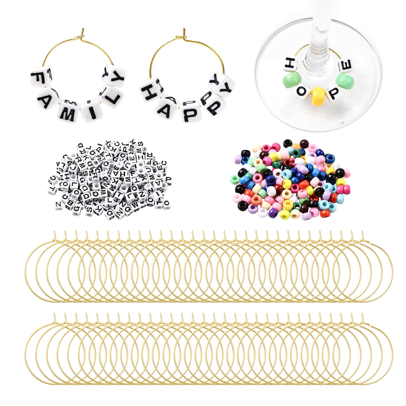 WEWAYSMILE 60 Set Wine Glass Charms Rings Personalized Wine Charms for Stem Glasses with 400 White Letter Beads 200 Colorful Pony Beads for Party Birthday Wedding Festive Dinners