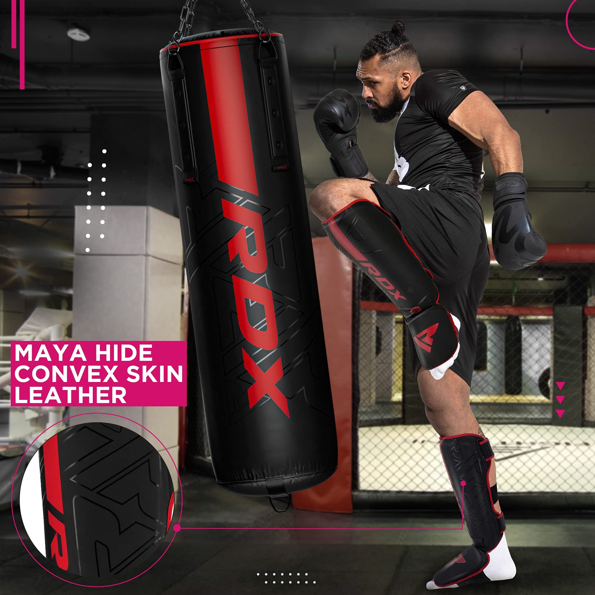 RDX Protège Tibia Boxe Thai Kick Boxing Arts Martiaux MMA D'entraînement, Maya Hide Cuir Kara Protege Tibia Muay Thai Krav Maga Sparring BJJ Karaté et Combat Libre Training Pied Protection