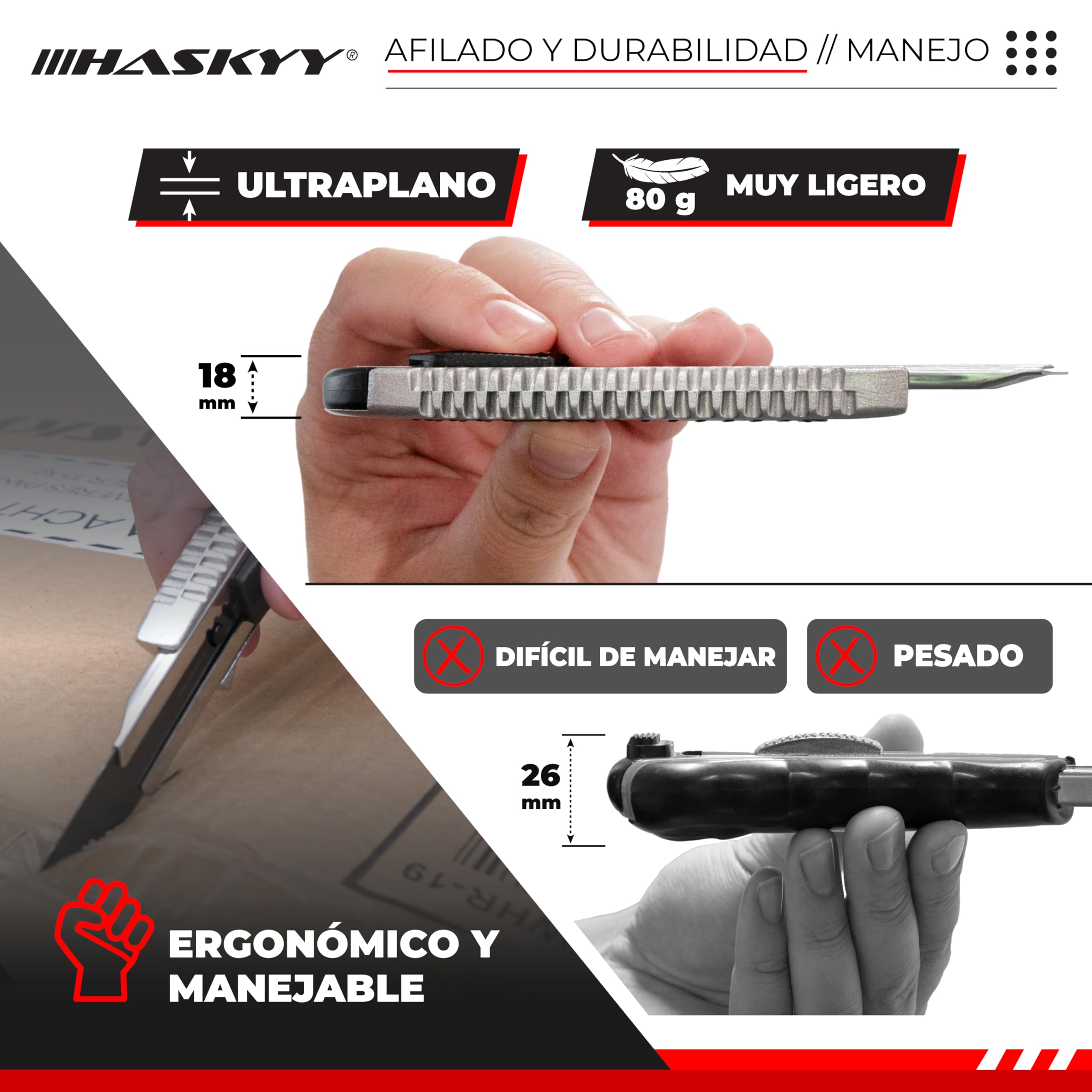 HASKYY Pack 2 Cúteres Profesionales 18mm + 5 Hojas SK5 Premium - Navajas de Seguridad con Auto-Lock