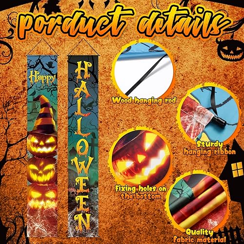 Miniatura 3 de Tiamon 2 pancartas para puerta de Halloween, letreros de calabaza malvada y sombreros de bruja para puerta delantera, pared, porche y decoración de