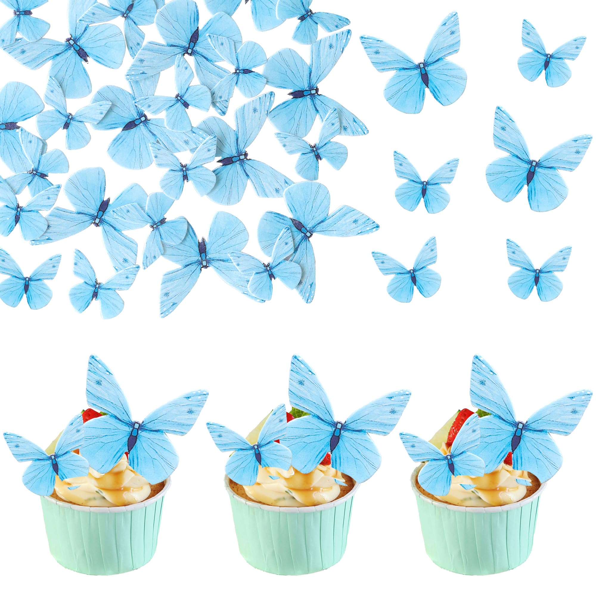 Ephlyn 72Pcs Edible 3D Realistic Butterfly Cupcake Toppers - Cute Cake Picks for Baby Shower, Boys Girls Birthday Party Decorations - Blue