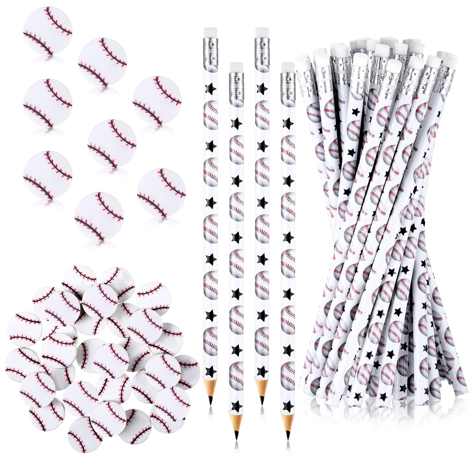 Tinlade 72 Pcs Baseball Pencils and Erasers for Boys, Party Favors