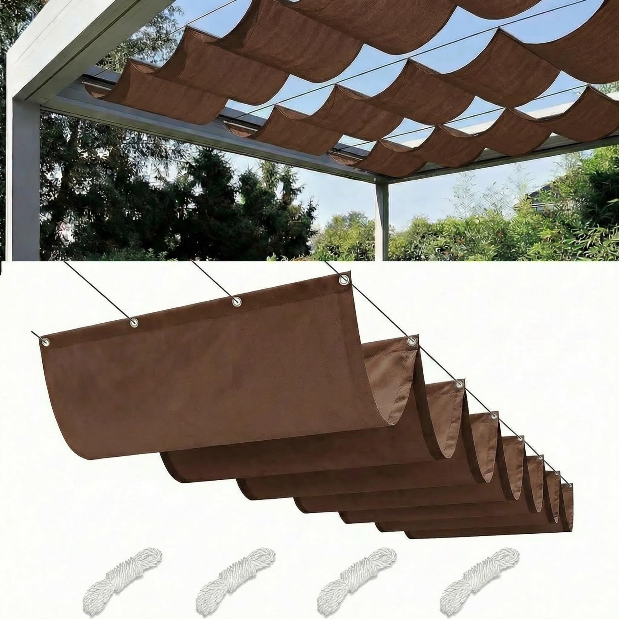 Retractable Wave Sun Shade Sail Waterproof Pergola Cover 95% UV Protection Outdoor Awning Canopy with Ropes for Patio Garden Deck Porch BBQ Shelter Privacy Screen Summer(Coffee Brown,1x4M(L x W))