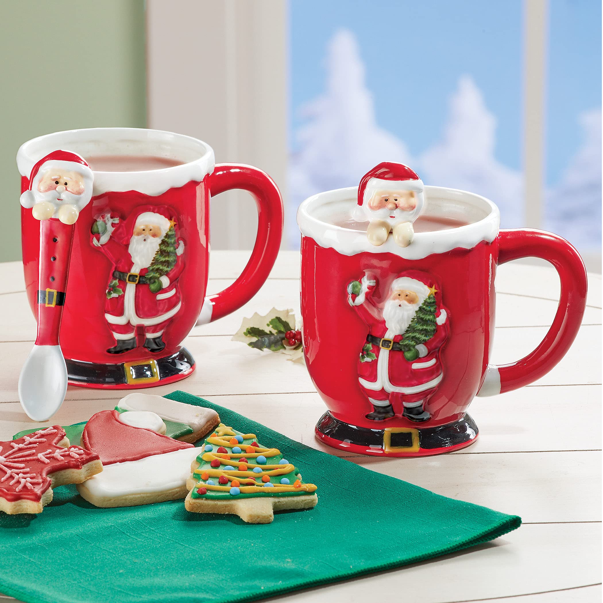 Collections Etc Red Santa Mugs with Spoons - Set of 2 Red