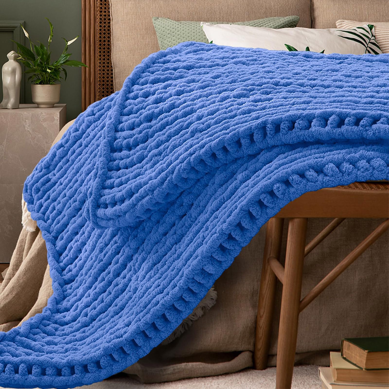 Manta de Punto Grueso,Decoración Del Hogar,Forro Polar Suave y Transpirable,Lujosa 100% Tejida a Mano,Suave y Acogedora para Sofá,Cama,Silla,Manta Tejida Gruesa con Peso(Size:100*150CM,Color:azul)