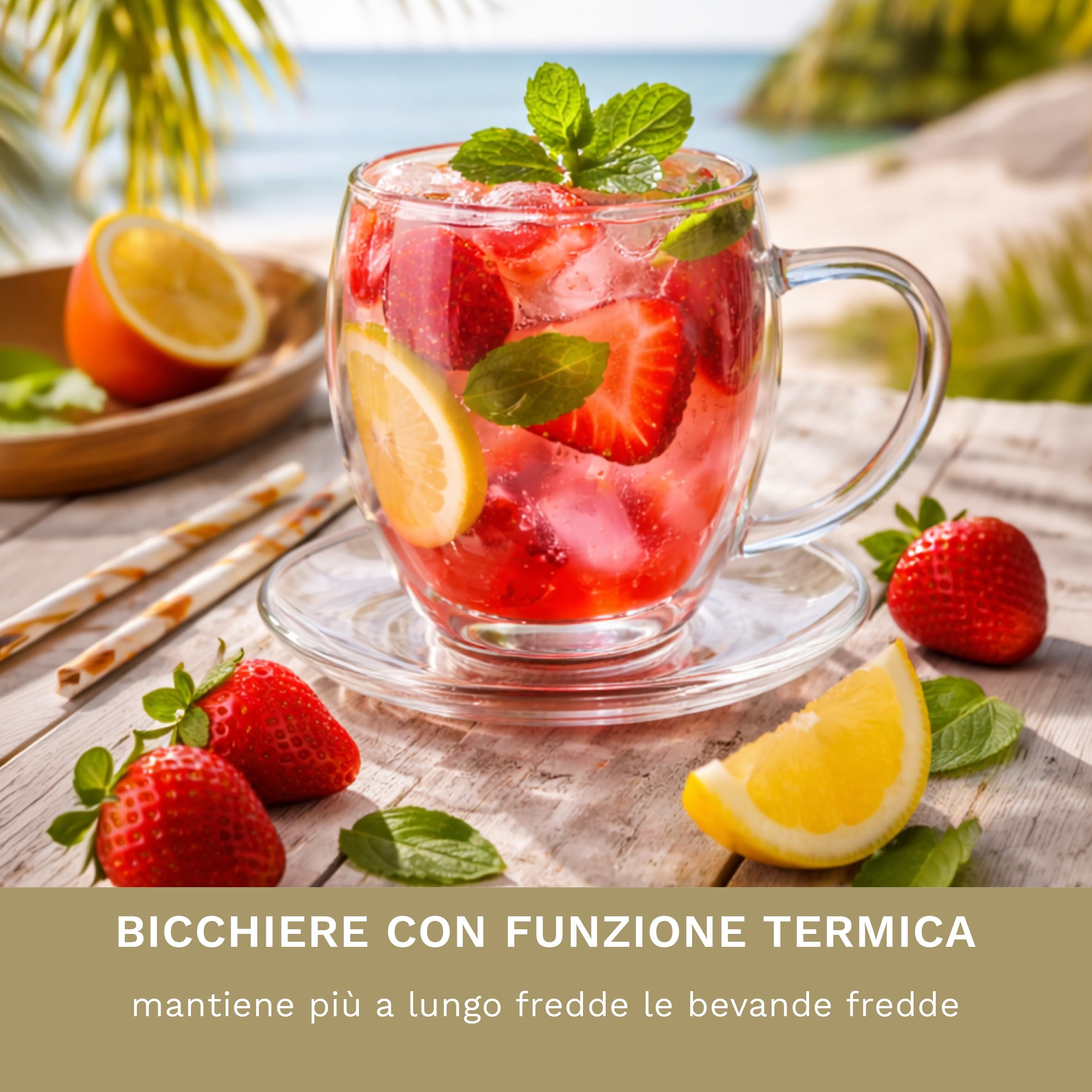 Creano Set di 6 Tazze Termica in Vetro a Doppia Parete, Tazza in Vetro con Manico e Sottobicchiere | 250ml in Esclusiva Confezione Regalo