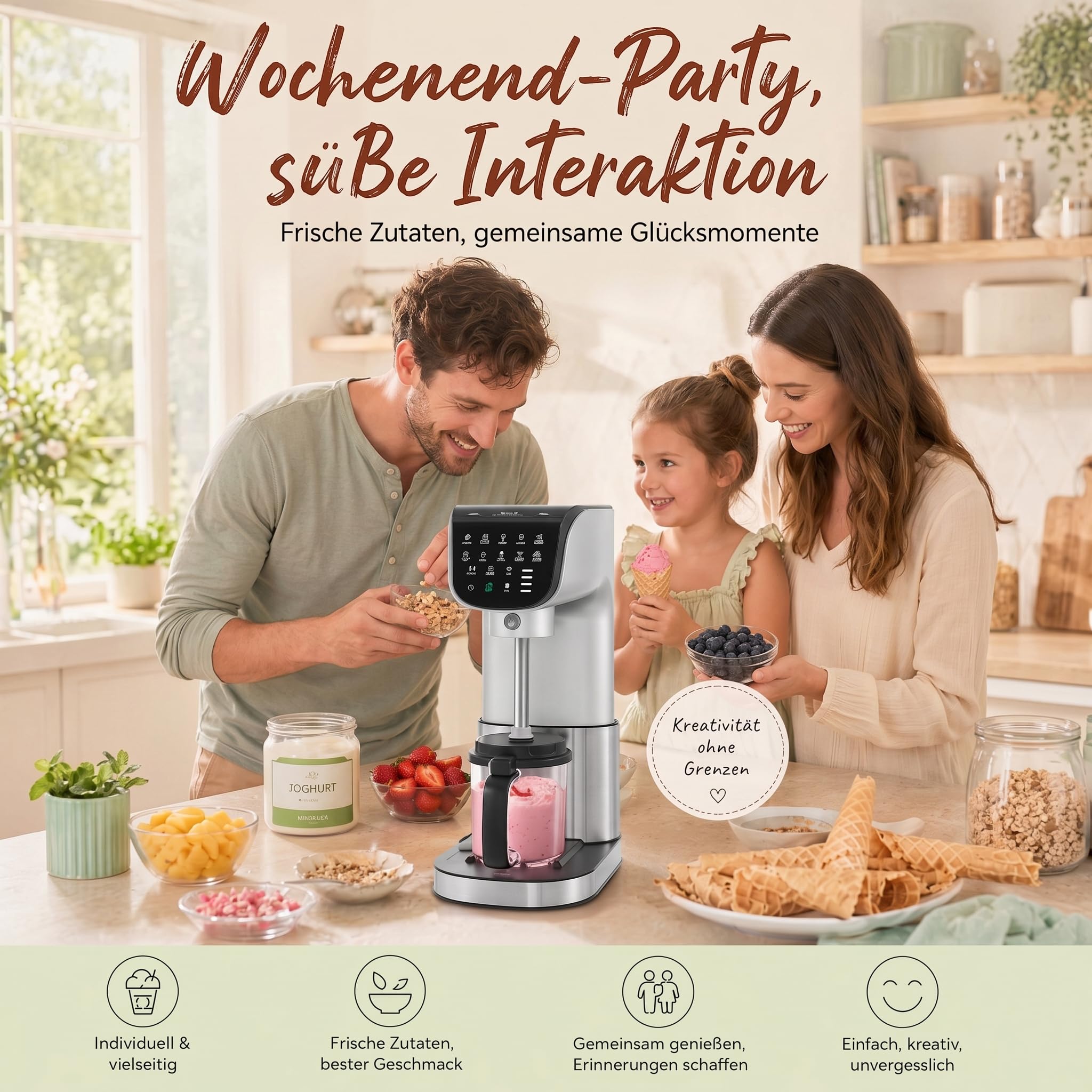 11-in-1 Eismaschine für Zuhause, vollautomatische Eiscreme Maschine mit 3 x 19 oz Bechern, für Gelato, Sorbet, Milchshake, Frozen Joghurt & Mix-ins, bürstenloser Moto Silber