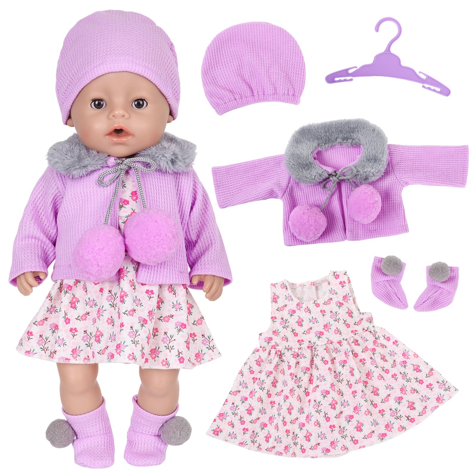 5 Pcs Baby Doll Clothes Purple Dress Coat Socks Hat Sets for 14-18 Inch Doll, Baby Doll Outfits Accessories for 35-45 cm, Sweet Dolls Clothes for Kids Birthday