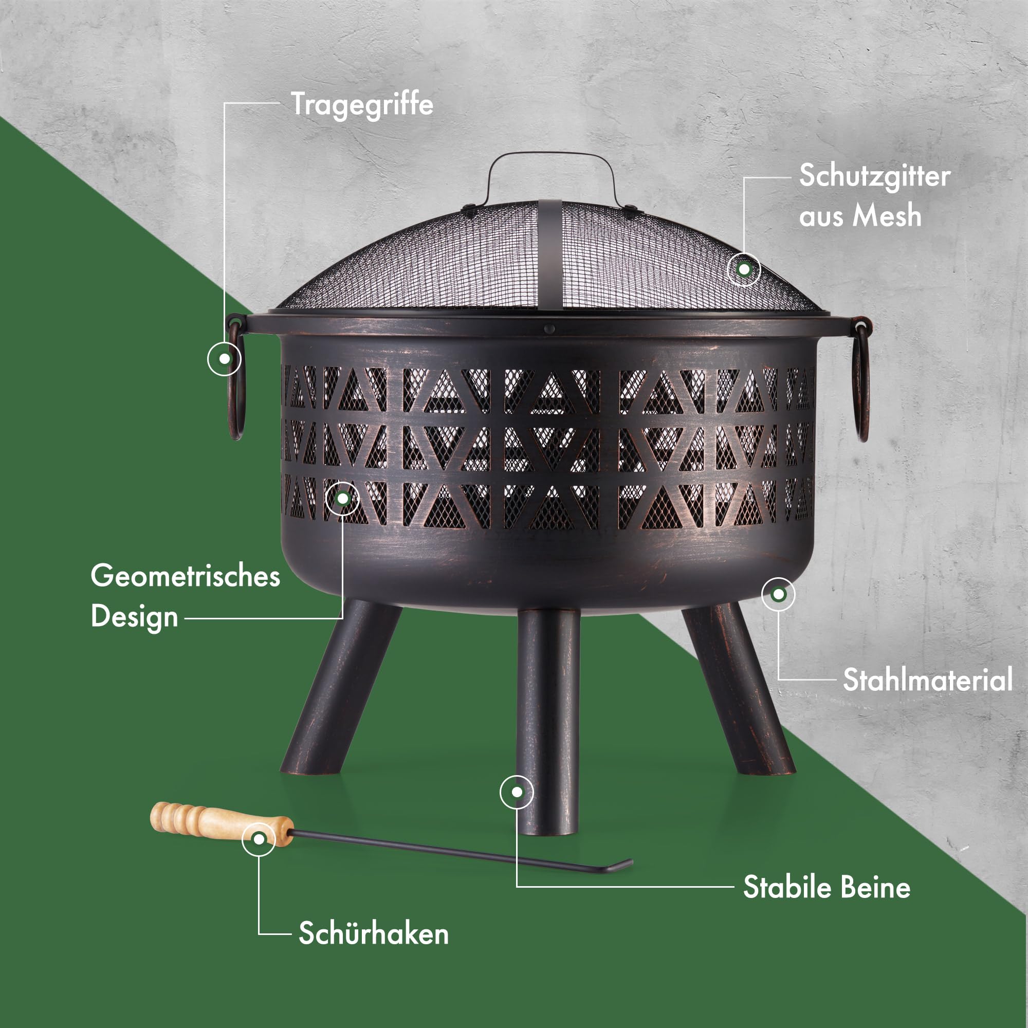 Vonhaus Feuerkorb aus Stahl tragbar Feuerstelle für Garten Terrasse Outdoor mit Funkenschutz Schürhaken