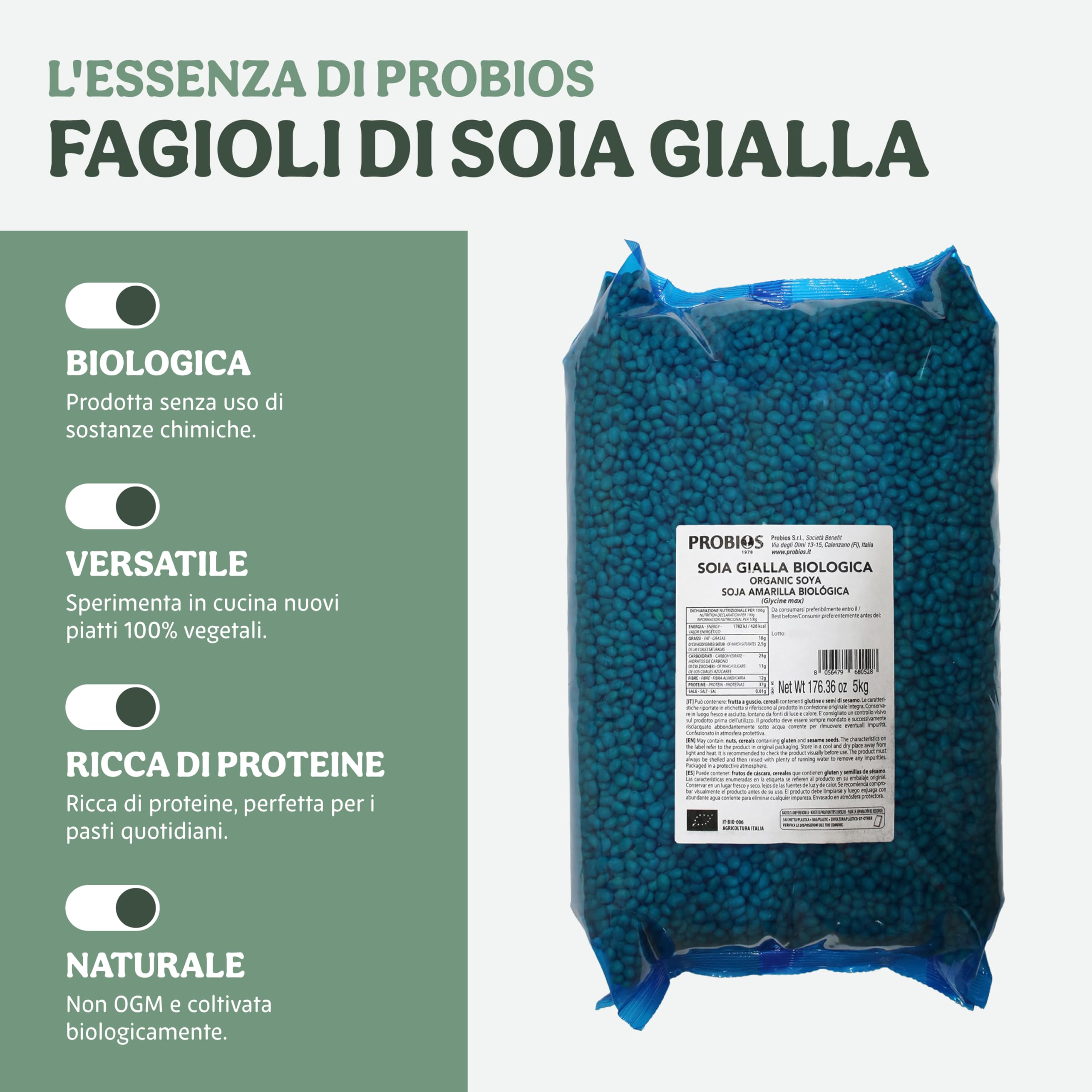 Probios Soia Gialla Biologica - Fagioli di Soia Ricchi Di Proteine ​​- Naturali e Vegetariani - Perfetti Per Adulti e Bambini - Confezione Da 5 Kg