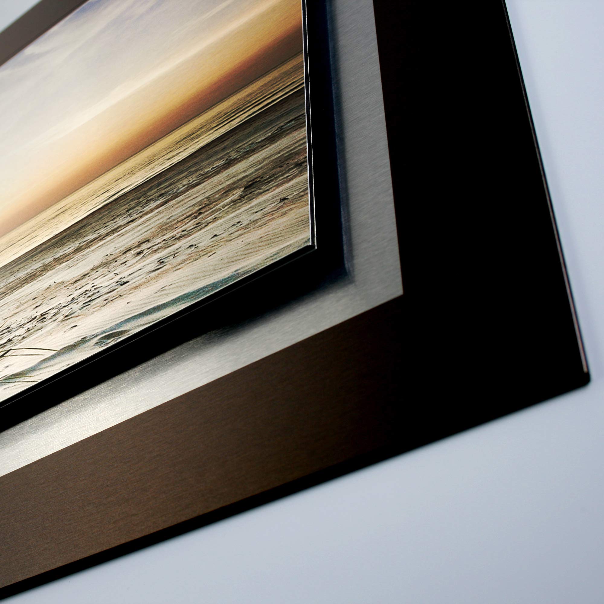 Kreative Feder 3D Metallic-Wandbild aus gebürstetem Alu-Verbund | Abendlicher Strand | modernes Designer Bild in XXL | 100 x 40 cm