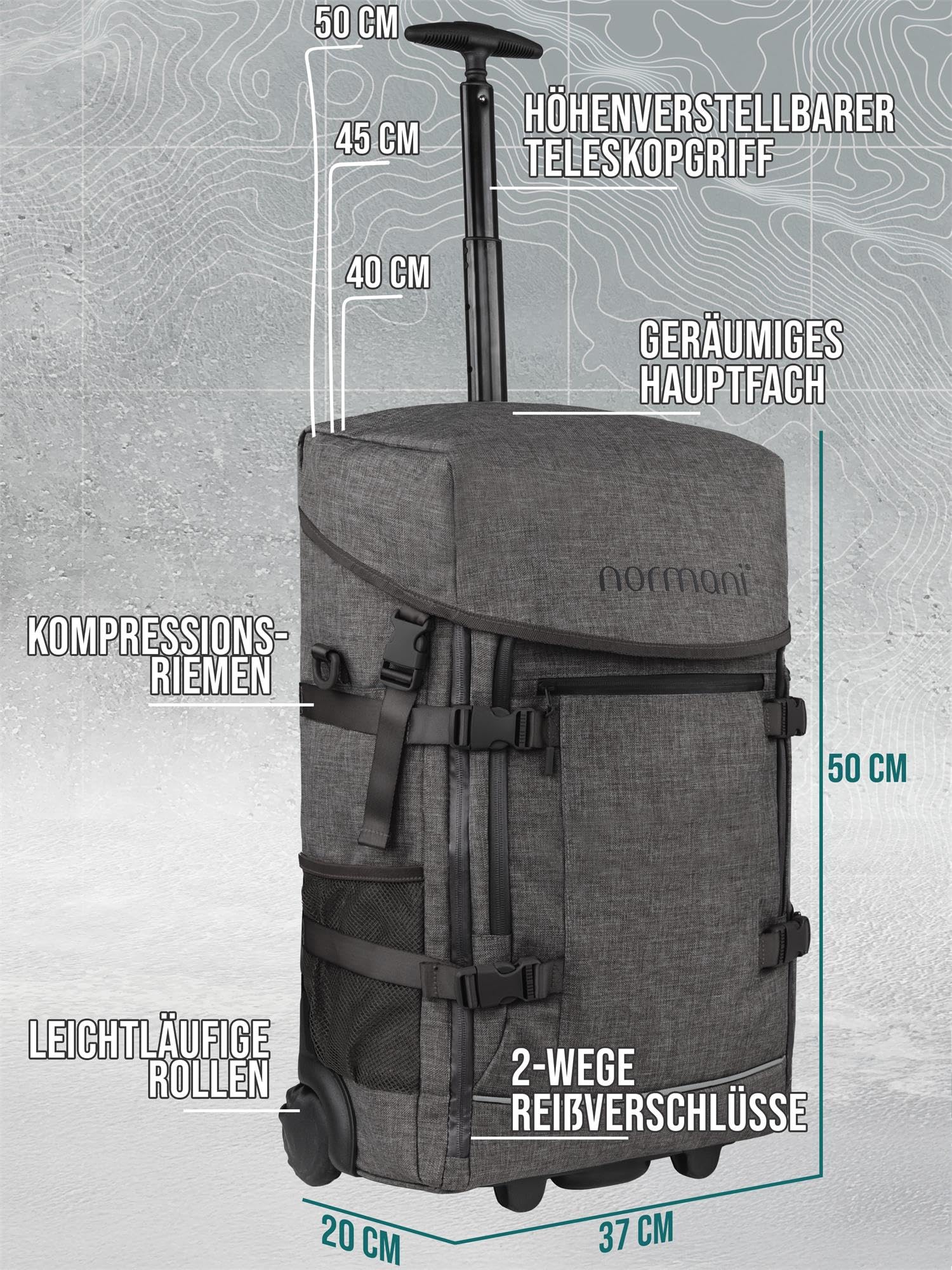 normani Backpacker Reisetaschen-Rucksack Reiserucksack mit Trolleyfunktion mit Frontloader und Handgepäck-maßen 50x37x20 cm - Cabin Bag 37 L Volumen auf 3 Fächer Farbe Grau Größe 50 x 37 x 20 cm
