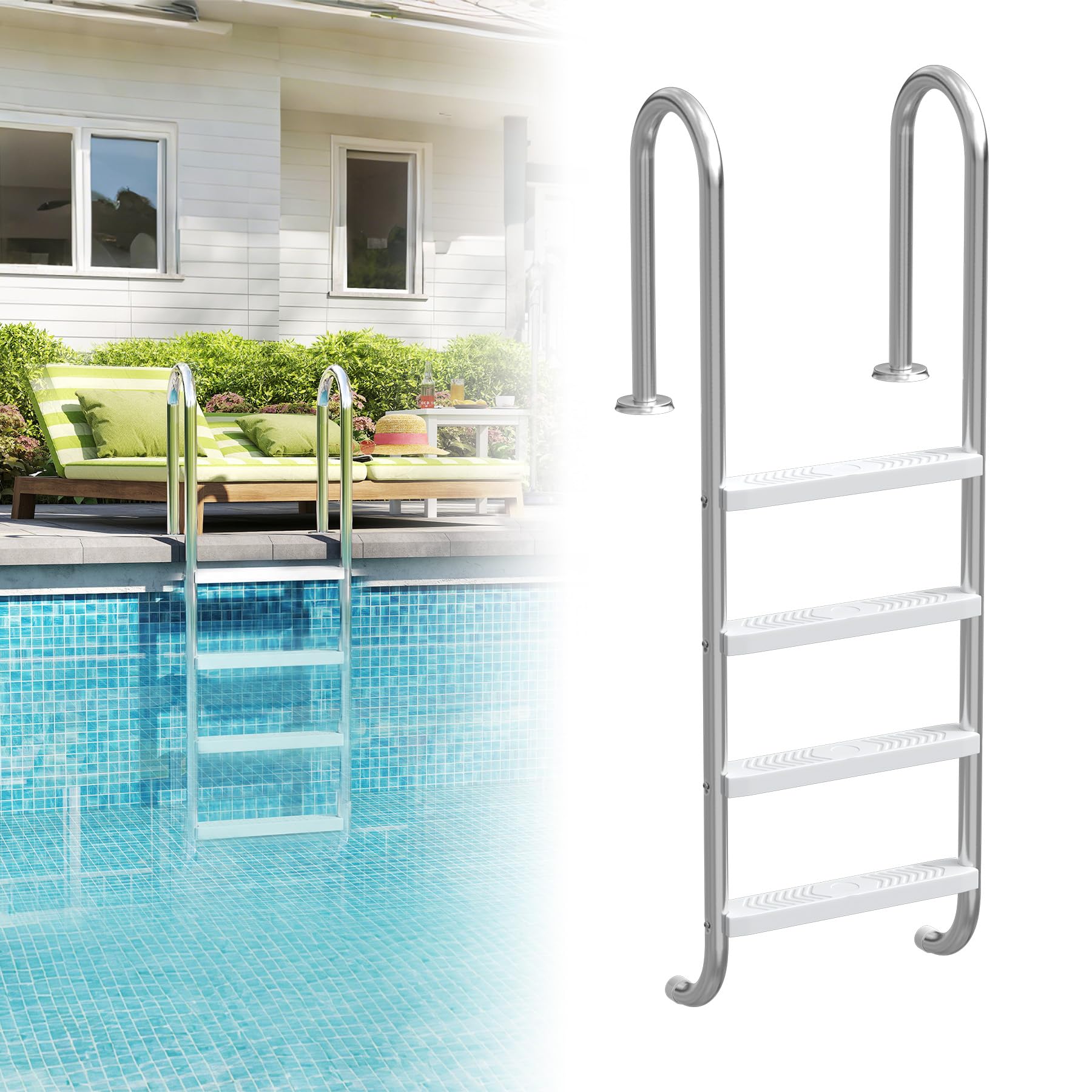 Froadp - Escalera de piscina de acero inoxidable con 4 peldaños antideslizantes, 157 x 54 x 26,5 cm, carga máxima: 150 kg, color plateado