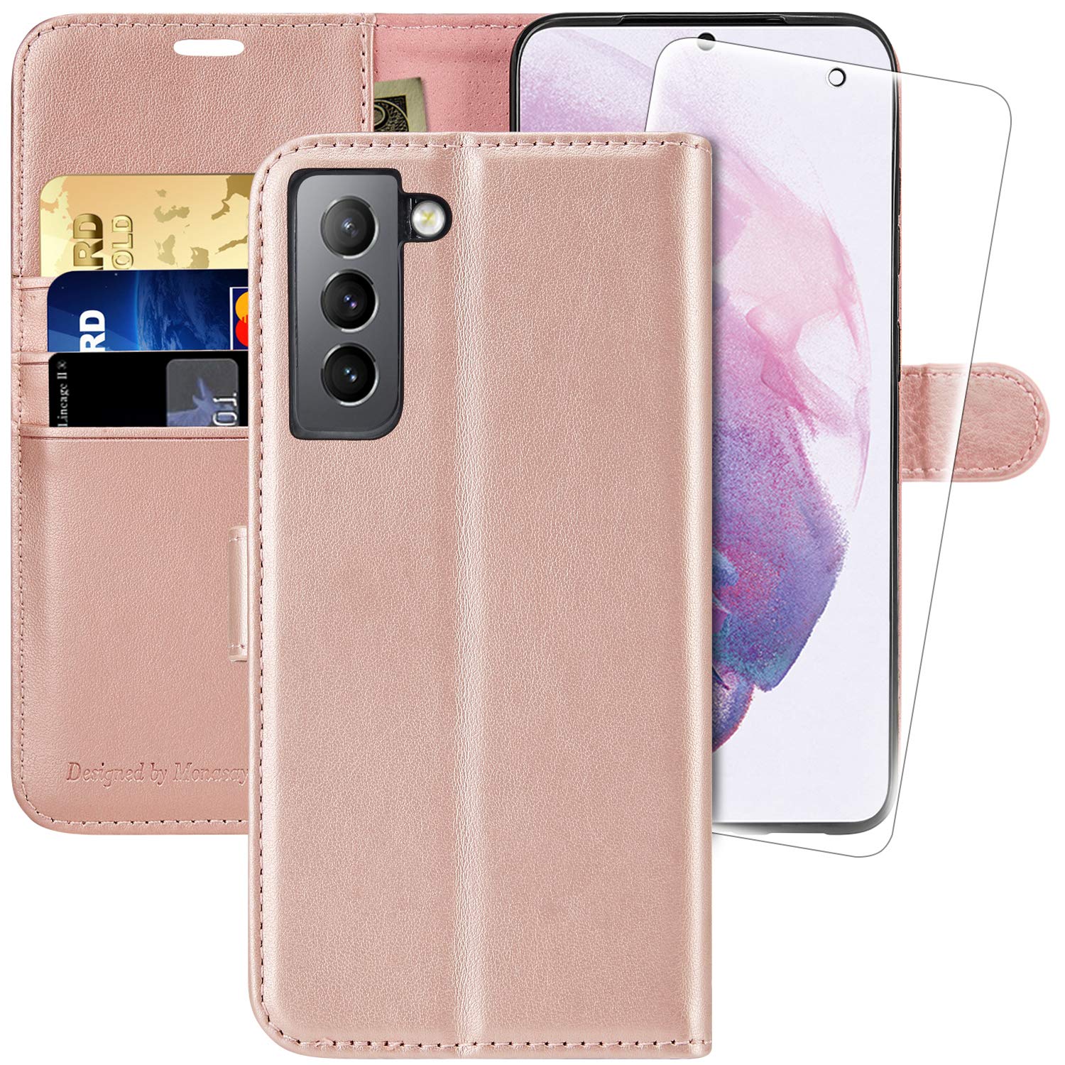 ooMONASAY Wallet Case Compatible for Galaxy S21+Plus 5G, 6.7 inch [Screen Protector Included][RFID Blocking] Flip Folio Leather Cell Phone Cover with Credit Card Holder, Rosegold