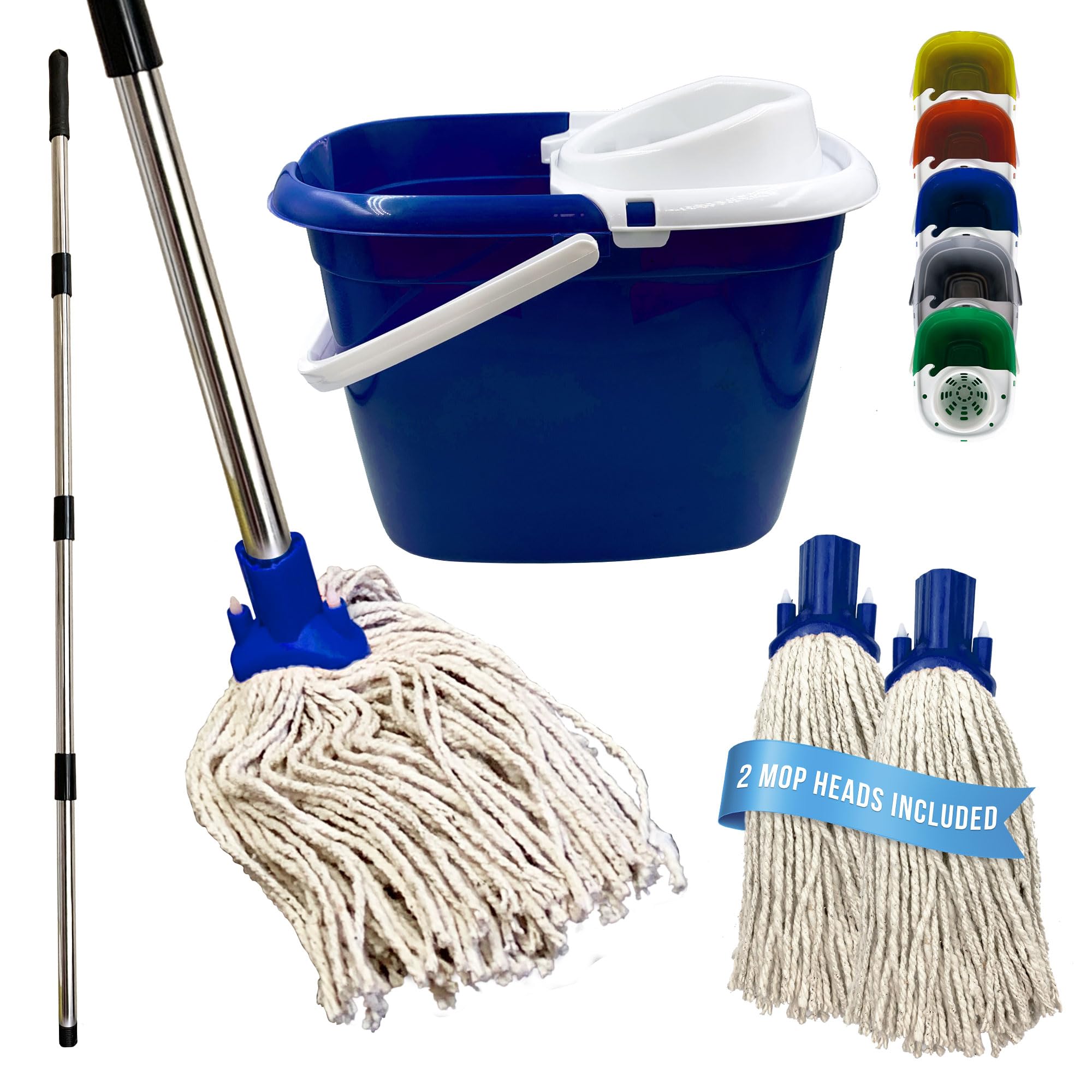 Tdbs The Dustpan And Brush Store Blue Floor Mop And Bucket Set - 2Pc Mops For Cleaning Floors With Bucket, Pure Yarn Mop Heads And Heavy-Duty Mop Bucket, Industrial Mop And Bucket For Domestic And Commercial Use (Blue)