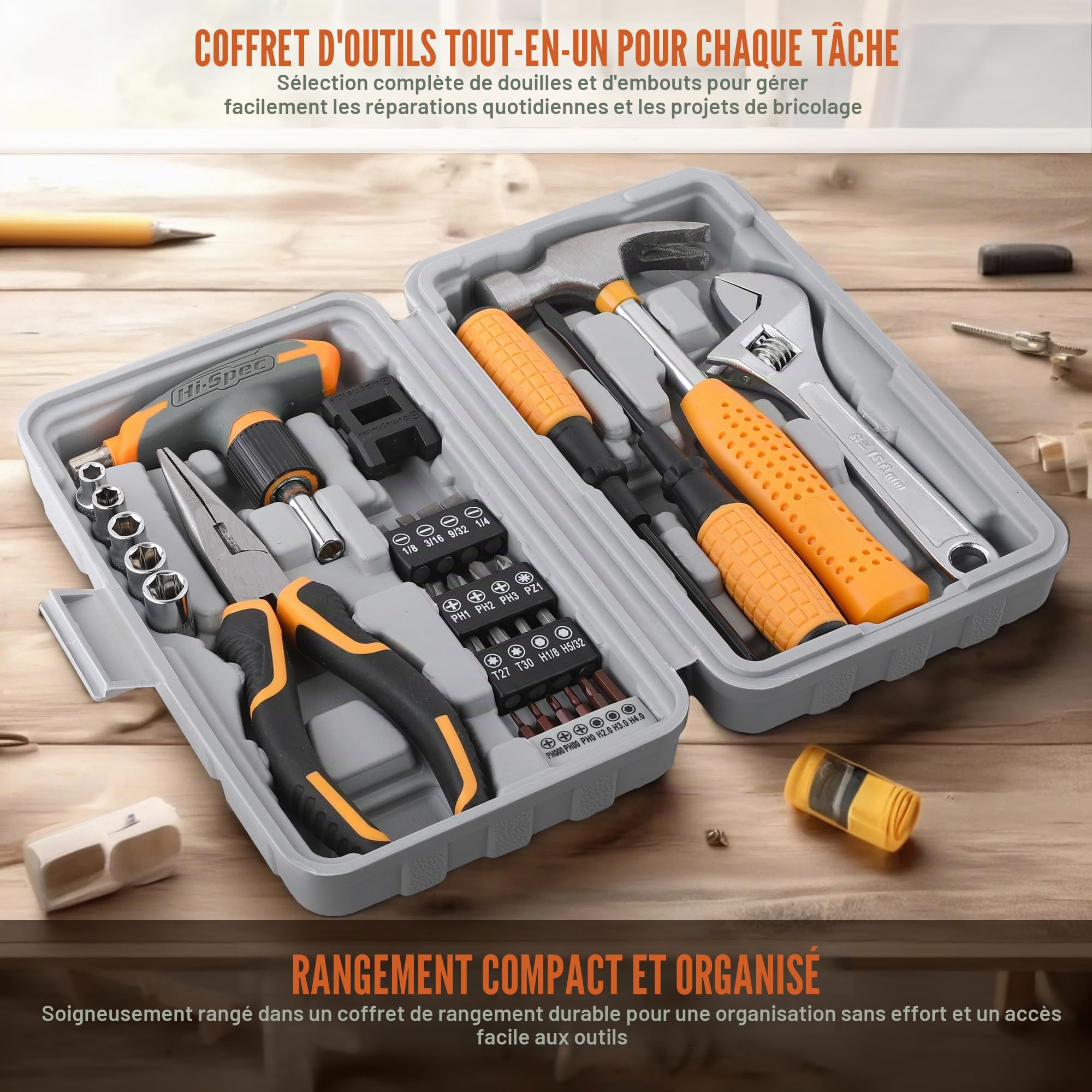 Kit d'outils manuel compact Hi-Spec 30 pièces pour bricolage à domicile et au bureau. Kit de démarrage d'outils pour réparations domestiques dans une boîte à outils portable