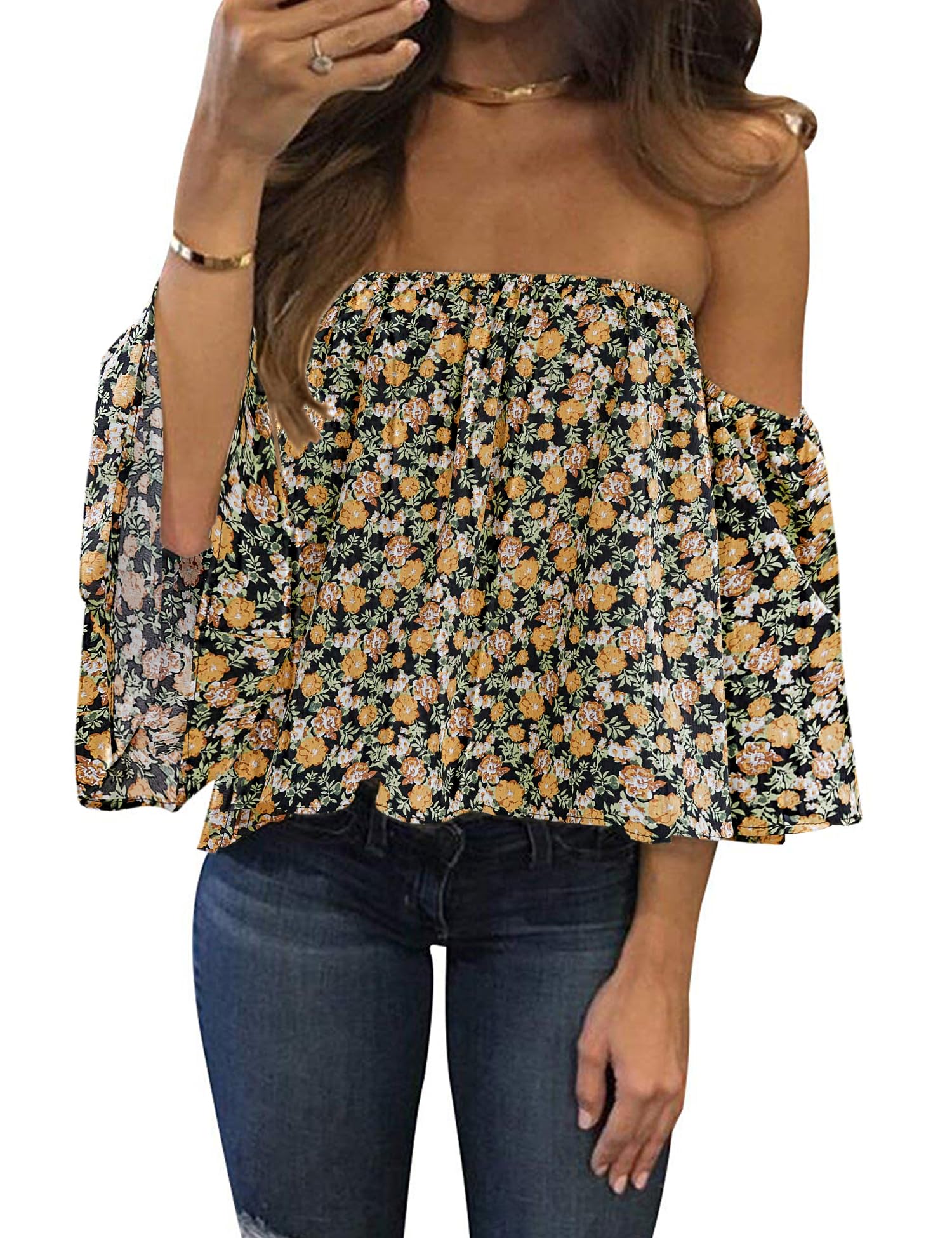 Bluetime Women Summer Off Shoulder Chiffon Blouse Ruffles Short Sleeves Tops Casual T Shirt