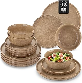 vancasso ANYA Stoneware Crockery Set for 6 People, Caramel Plate Set, Modern 18 Pieces, Dinner Service with Dinner Plates, Dessert Plates and Bowls, Crockery Set Dishwasher and Microwave Safe