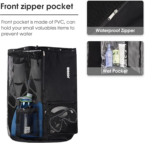 Miniatura 3 de WANDF Mochila de Malla con Cordón para Natación, con Bolsillo para Artículos Húmedos, para Natación, Gimnasio y Equipo de Entrenamiento